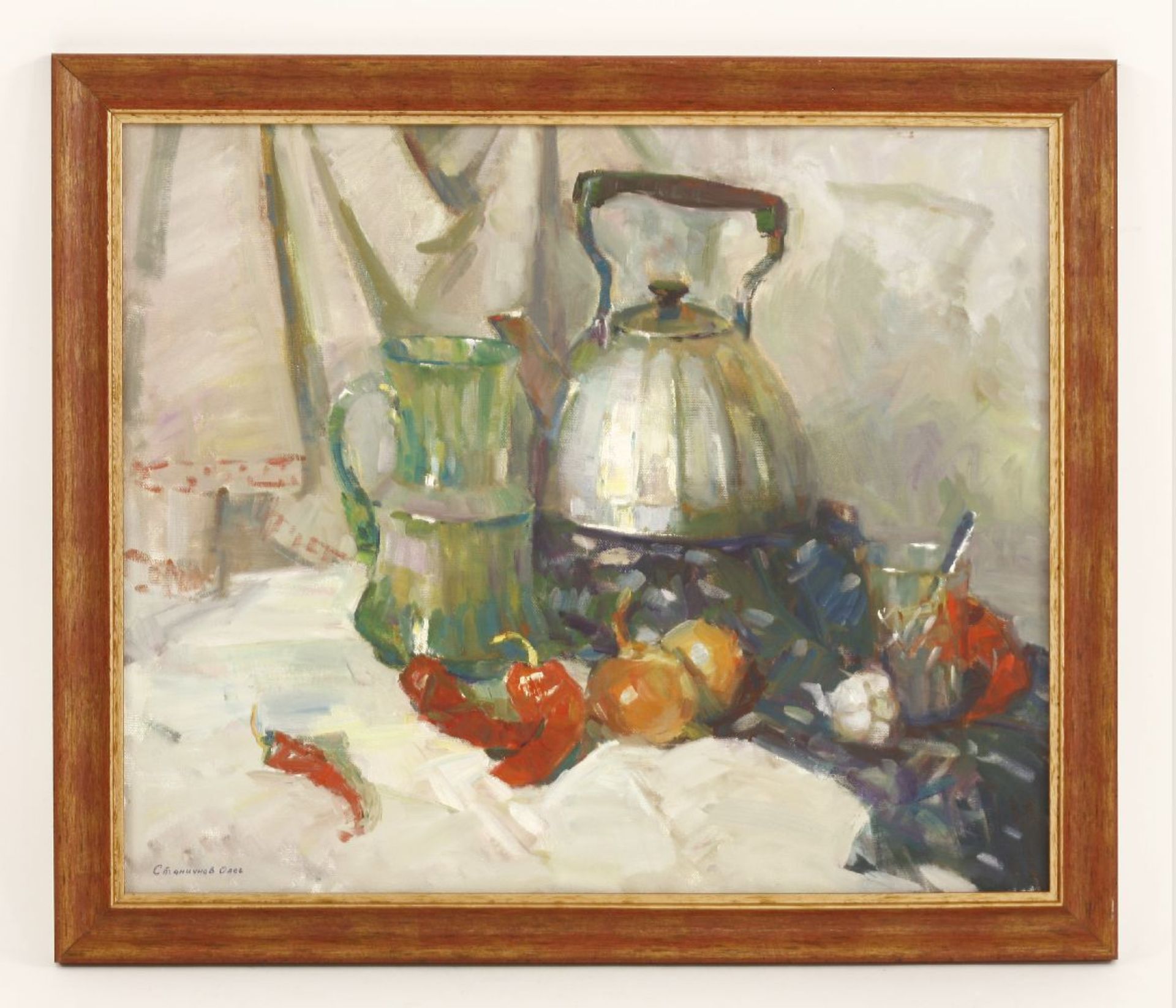 Oleg Stanichnov (Ukranian, contemporary)A STILL LIFE WITH A KETTLE, A JUG, CHILLIES, ONIONS AND - Image 2 of 4