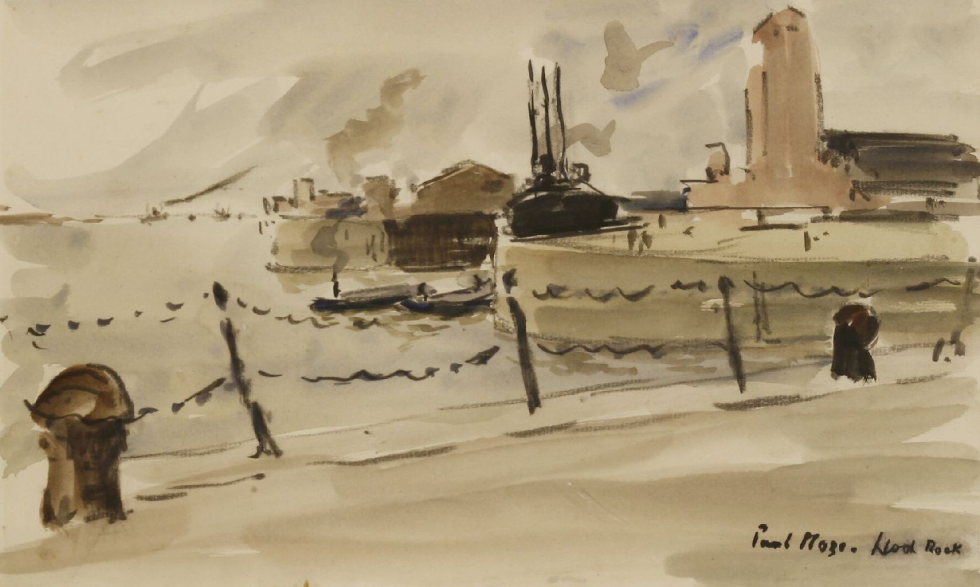 *Paul Maze (1887-1979)LIVERPOOL DOCKSSigned and inscribed l.r., charcoal and watercolour20 x 32cm*