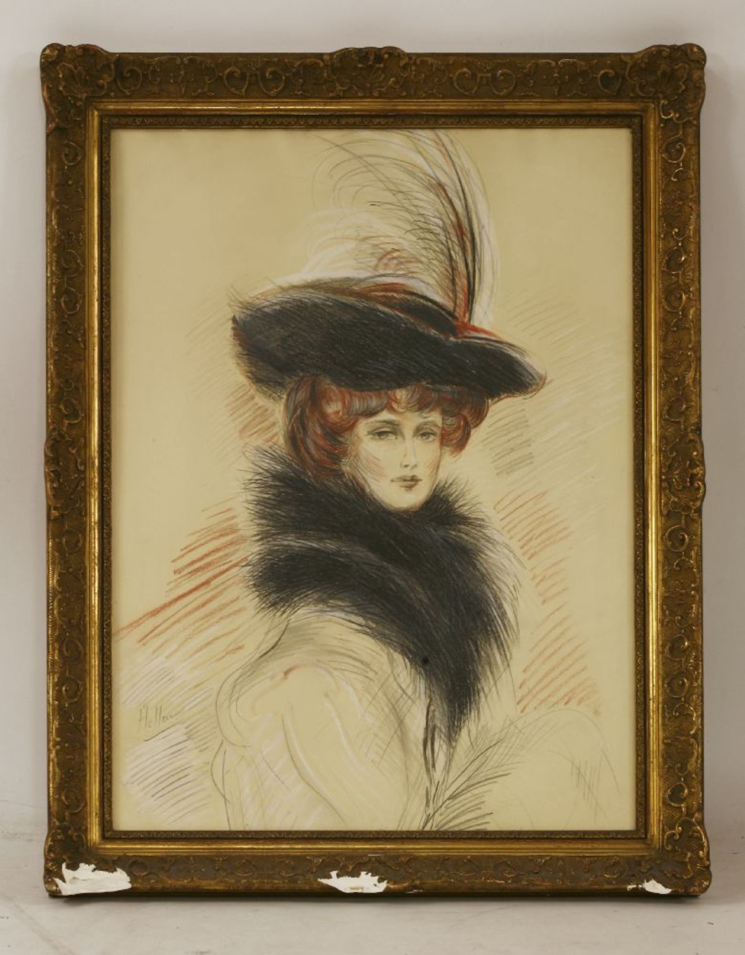 Paul César Helleu (French, 1859-1927)PORTRAIT OF A LADY, HALF LENGTH IN A FUR STOLE AND FEATHERED - Image 2 of 4