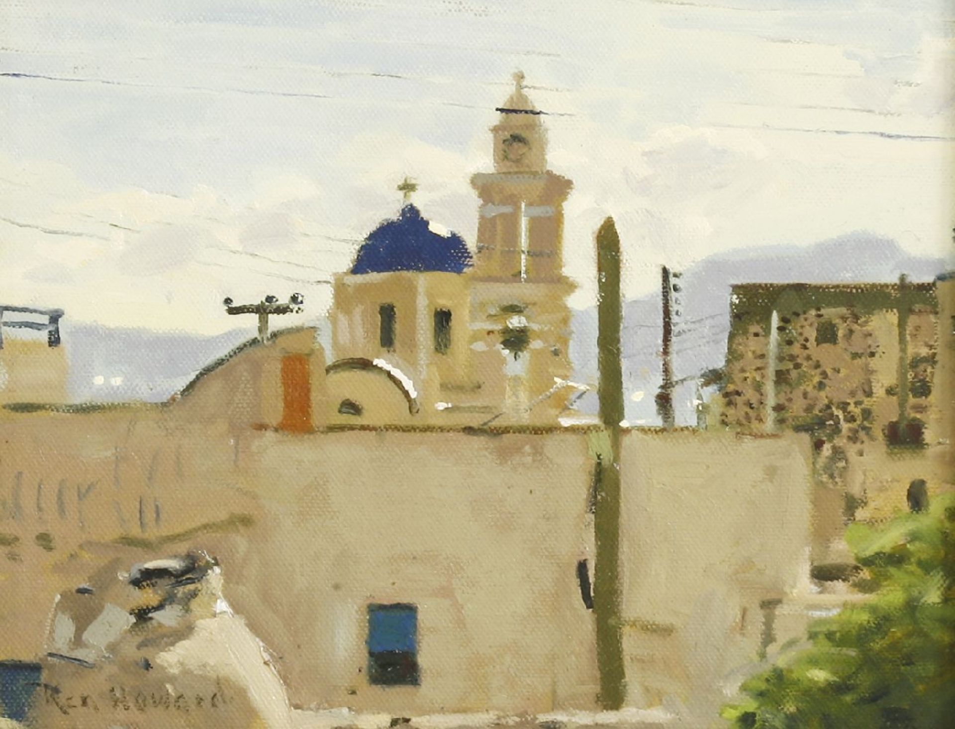 *Ken Howard RA (b.1932)A CITY VIEW WITH A CHURCH, MOUNTAINS BEYONDSigned l.l., oil on canvas board20