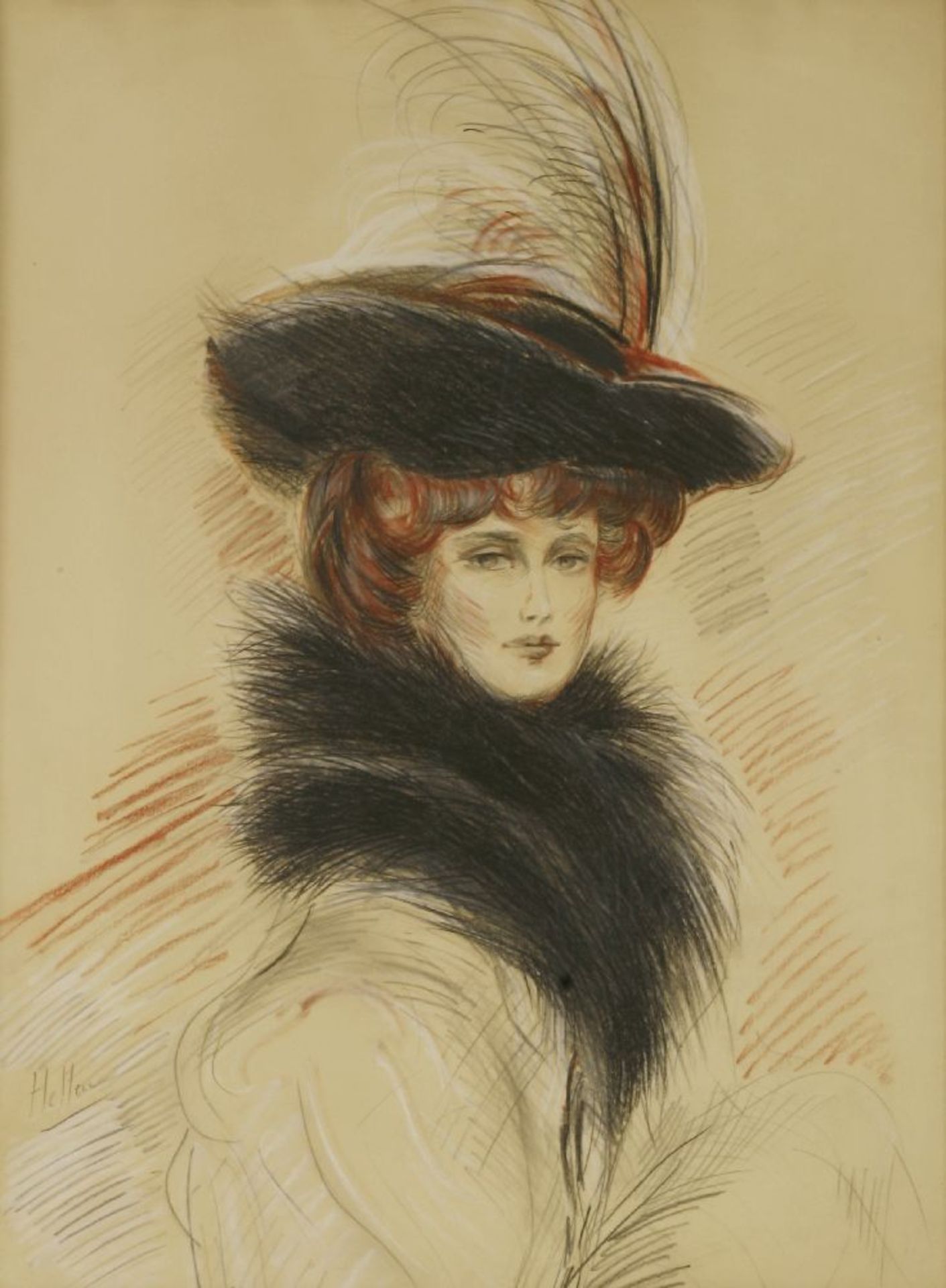 Paul César Helleu (French, 1859-1927)PORTRAIT OF A LADY, HALF LENGTH IN A FUR STOLE AND FEATHERED