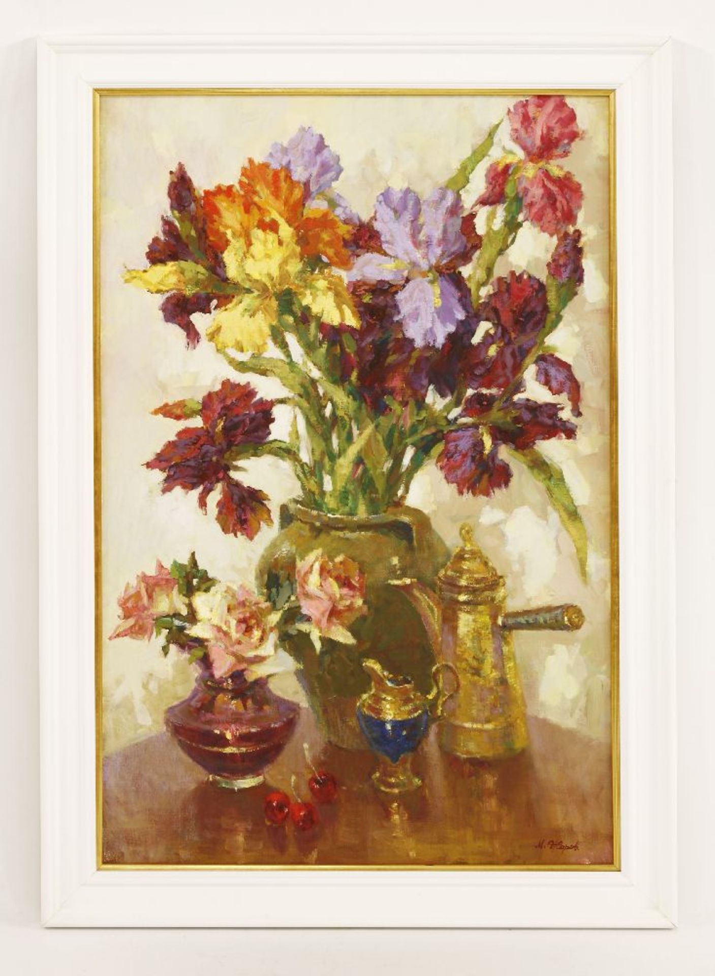 Mikhail Zharov (Russian, b.1974)A STILL LIFE OF A VASE OF IRISES, A VASE OF ROSES, A COFFEE POT - Image 2 of 4