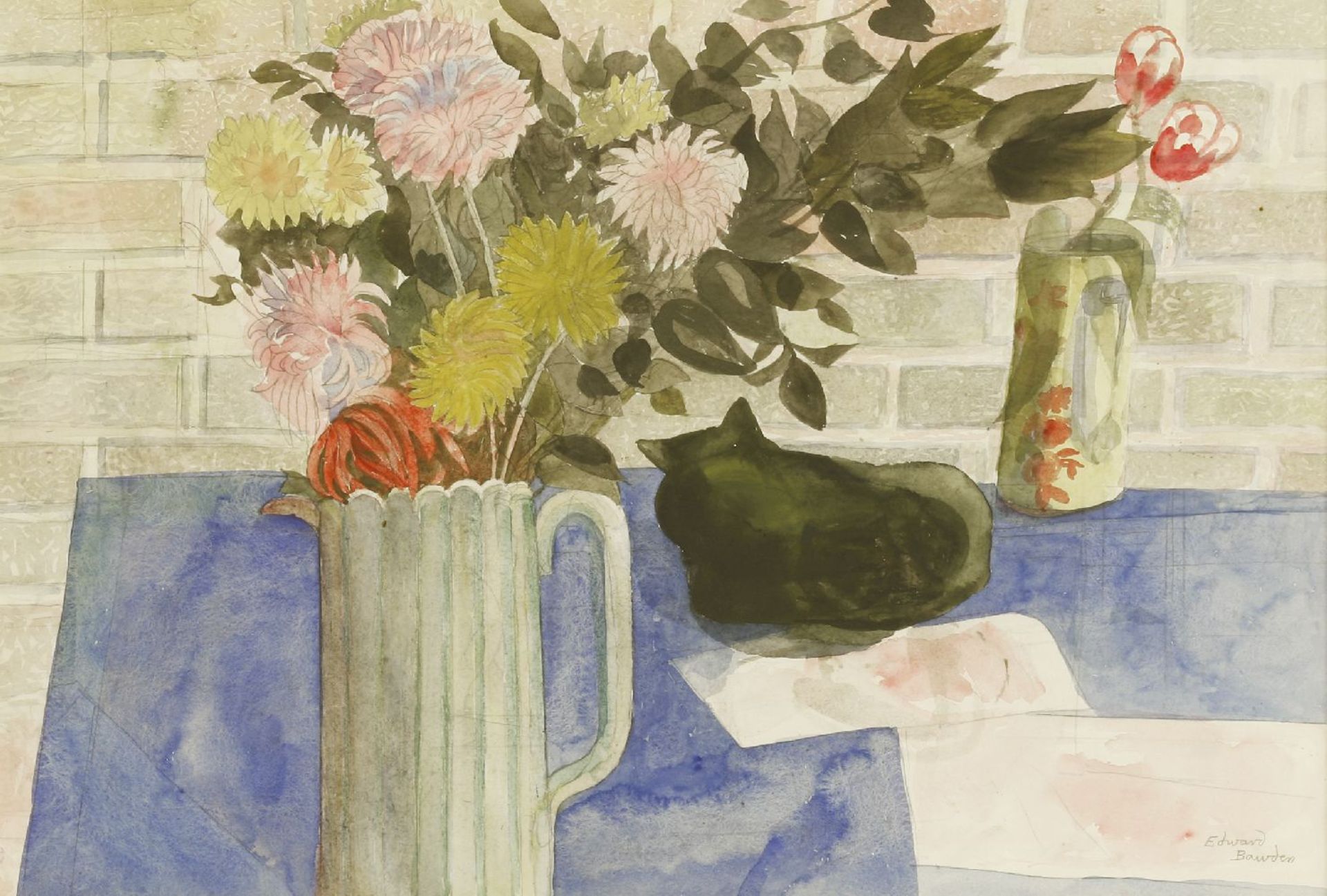 *Edward Bawden RA (1903-1989)CHRYSANTHEMUMS AND EMMA NELSONSigned l.r., pencil and watercolour47 x