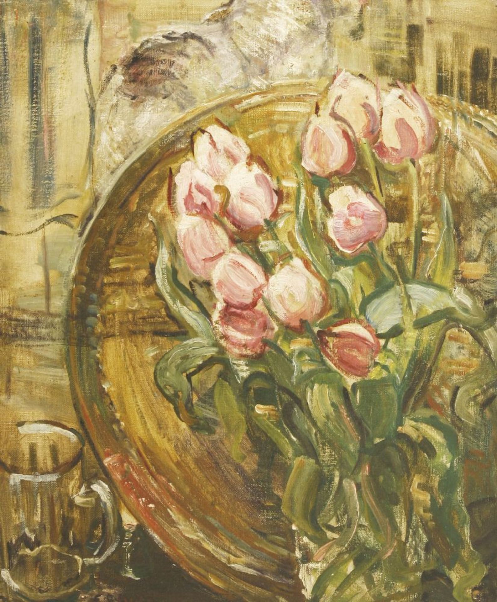 English School, 1930sA STILL LIFE OF TULIPSIndistinctly signed l.l., oil on canvas56 x