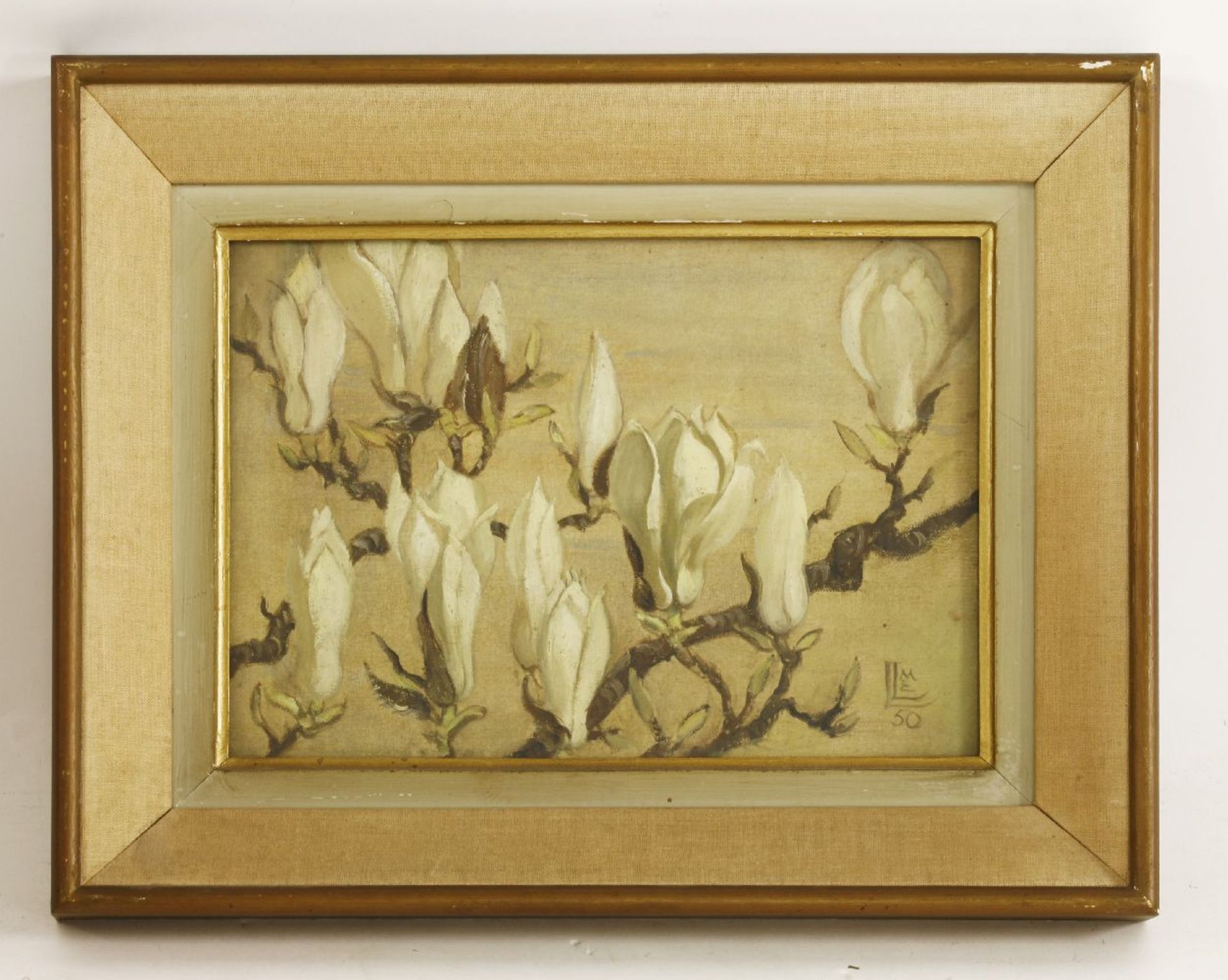 Modern British SchoolMAGNOLIASSigned with monogram and dated '50 l.r., oil on canvas board26 x 36cm - Image 2 of 4