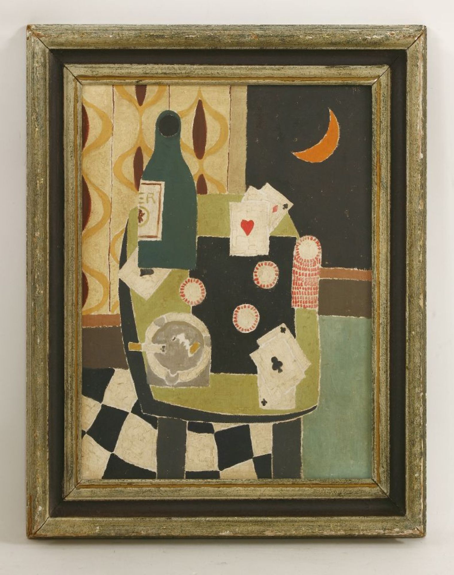 Modern British SchoolSTILL LIFE WITH A BOTTLE AND PLAYING CARDS ON A TABLEOil on canvas51 x 41cm - Bild 2 aus 3
