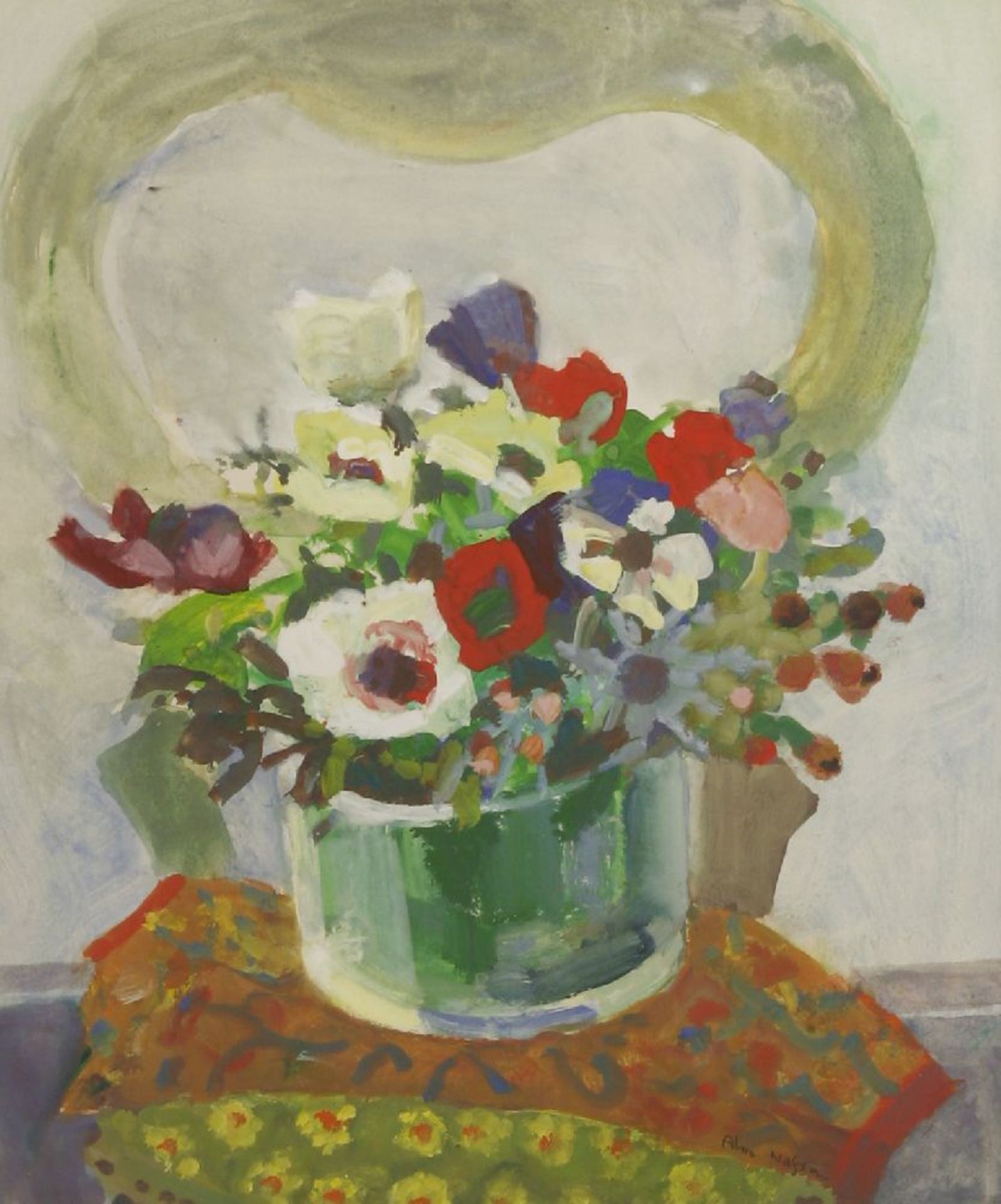 *Alma Wolfson (b.1942)A FLORAL ARRANGEMENT ON A CHAIRSigned l.r., inscribed on label verso,