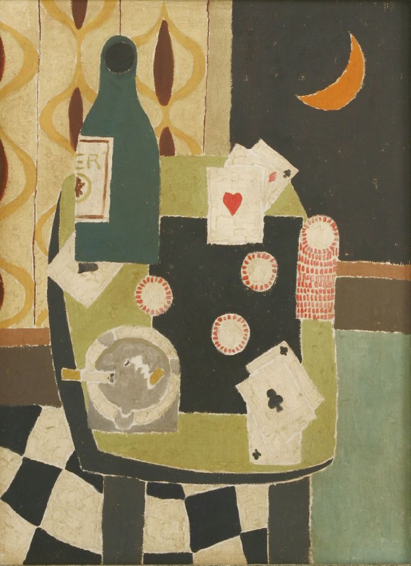 Modern British SchoolSTILL LIFE WITH A BOTTLE AND PLAYING CARDS ON A TABLEOil on canvas51 x 41cm