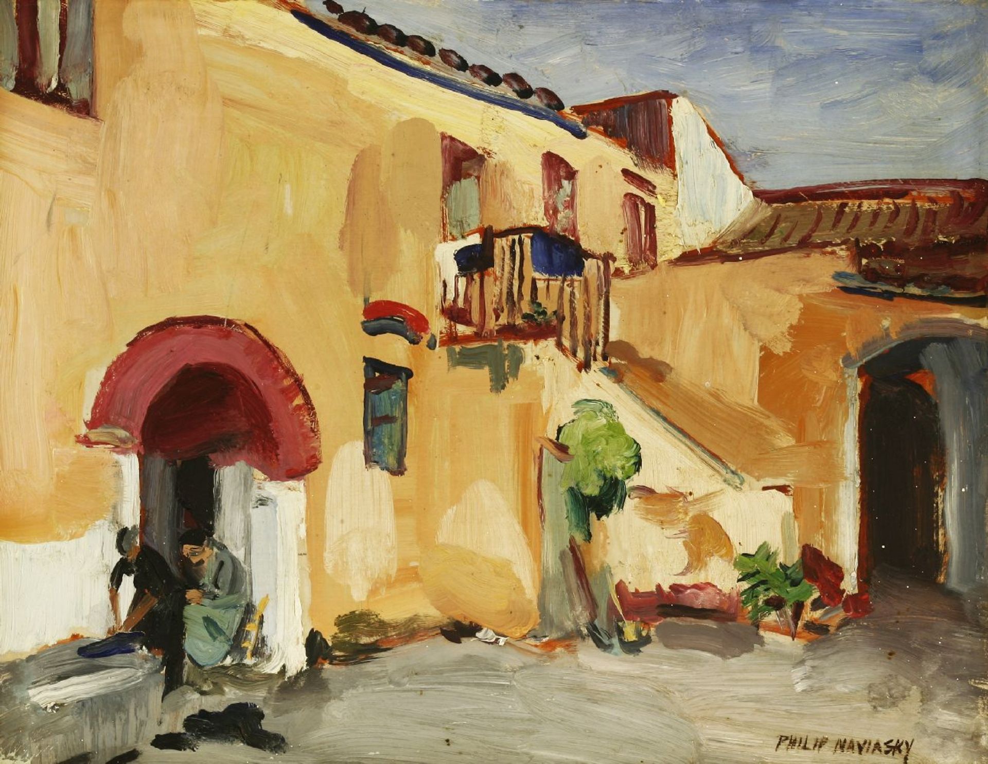 *Philip Naviasky (1894-1983)A CONTINENTAL SCENE WITH TWO WOMEN IN A COURTYARDSigned l.r., oil on