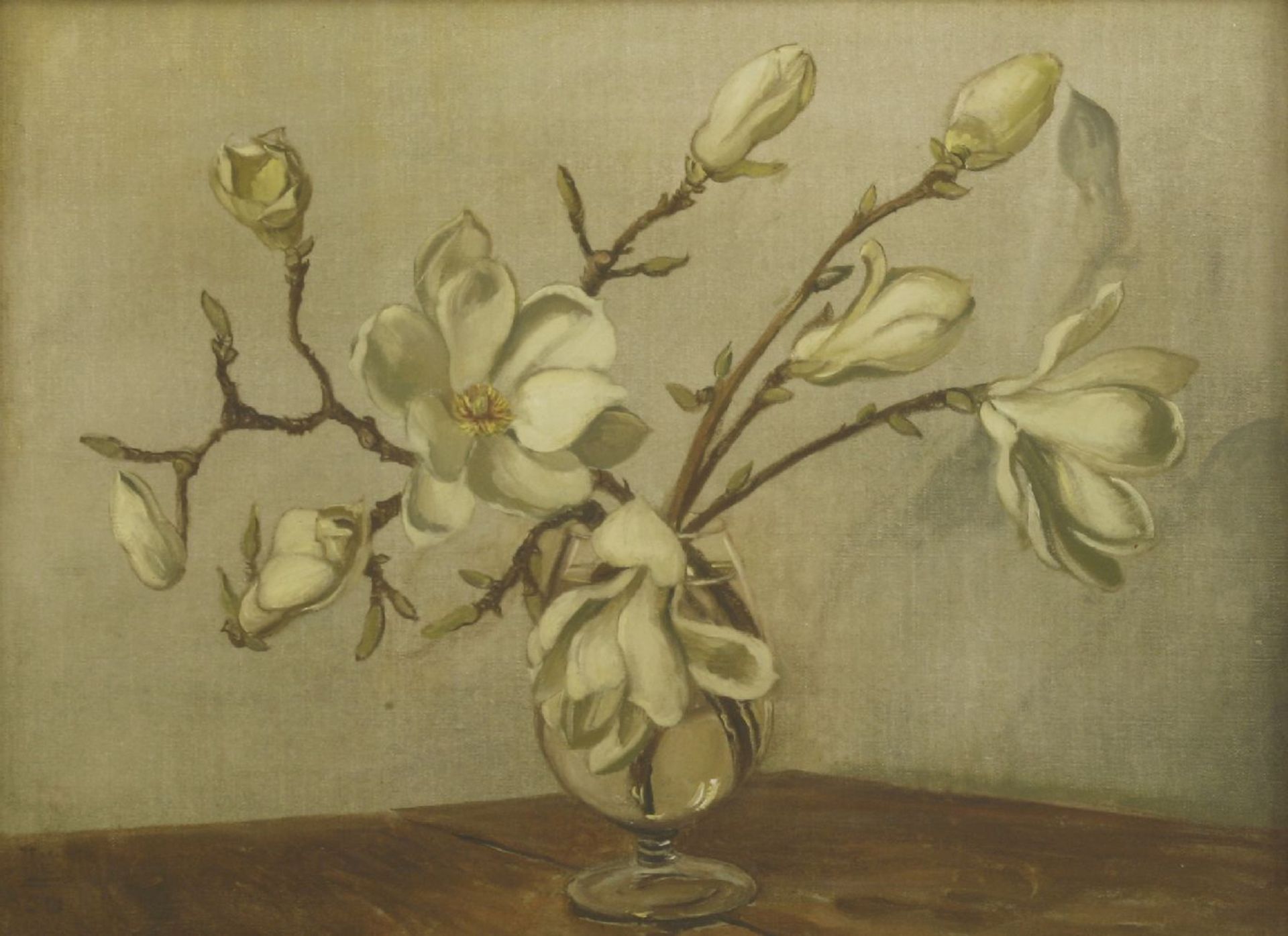 Modern British SchoolMAGNOLIA BLOSSOM IN A GLASS VASESigned with monogram and dated '50 l.l., oil on