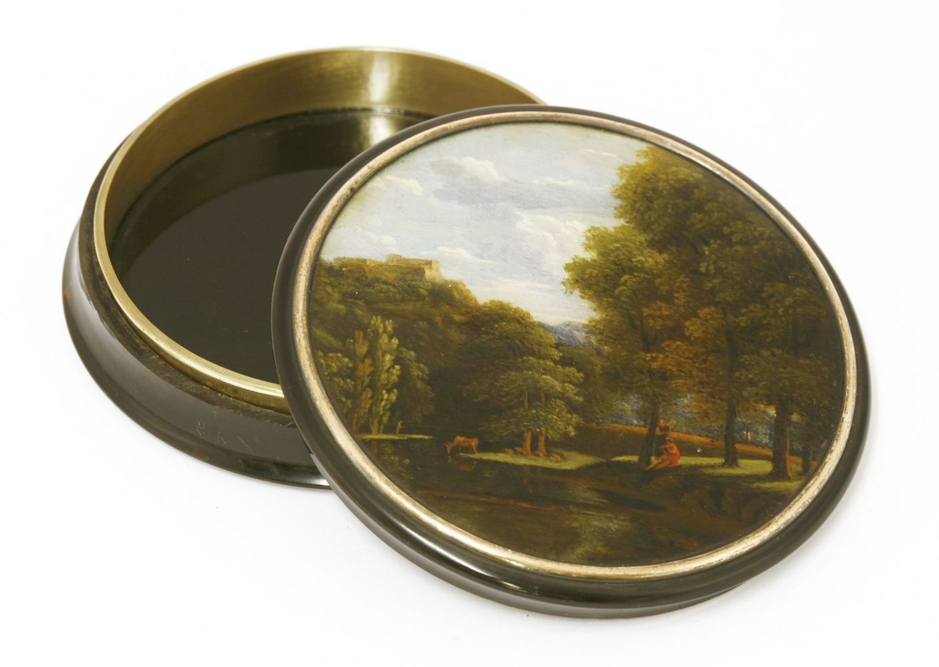 A tortoiseshell and yellow metal-mounted cylindrical table snuff box,c.1830, the cover painted