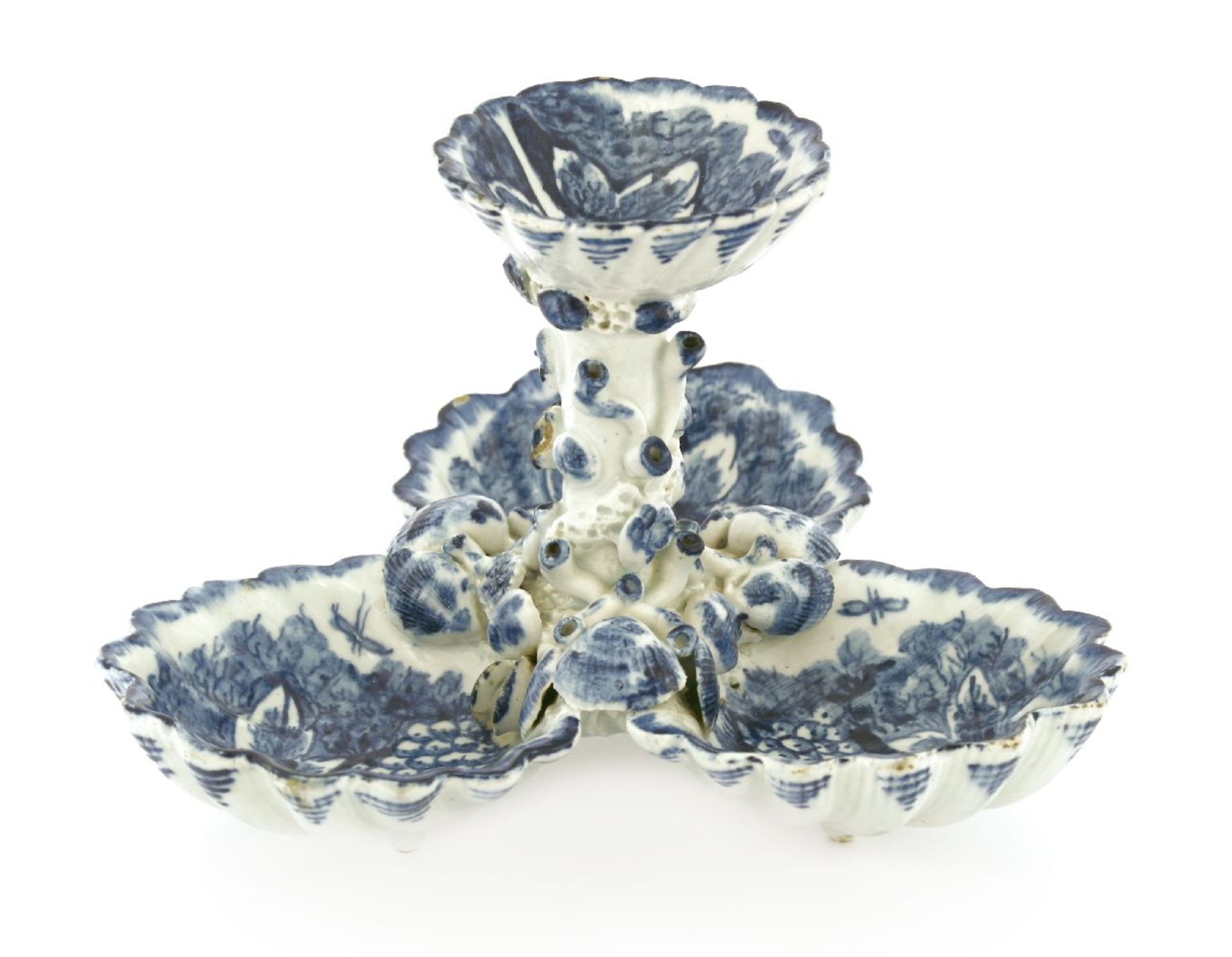 A Bow blue and white shell pickle or sweetmeat stand,c.1765, in 'fruiting vine' pattern, 12.5cm