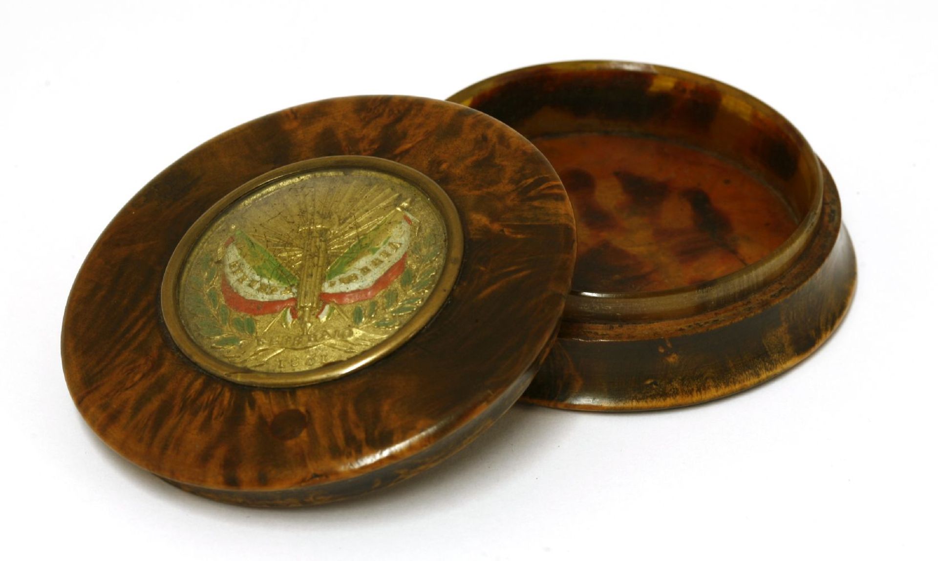 A rare stained mulberry and tortoiseshell snuff box,the top inset with a glazed gilt metal and - Image 2 of 2