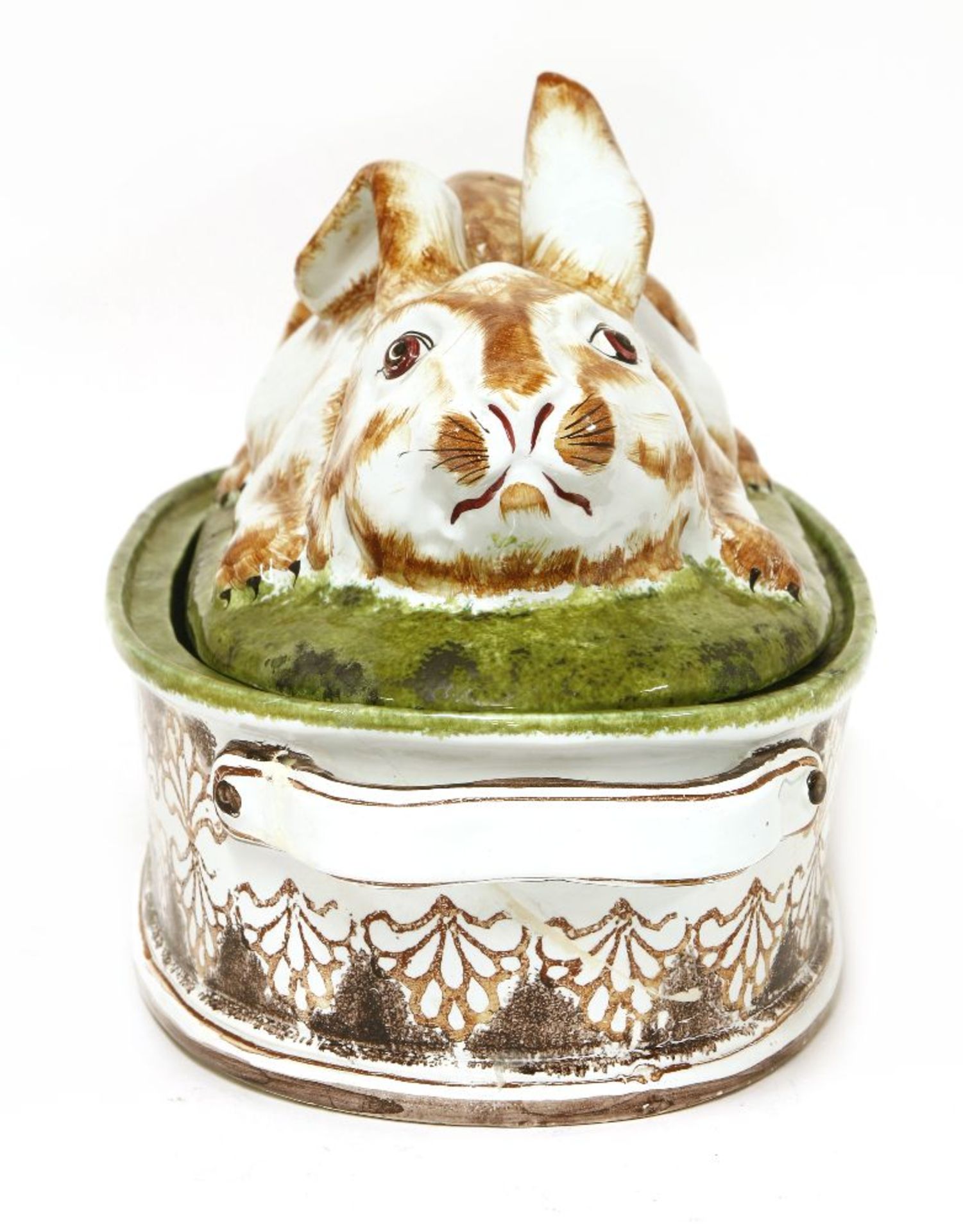 A large French faience jugged hare tureen and cover, the cover modelled as a crouching hare, the - Bild 2 aus 2