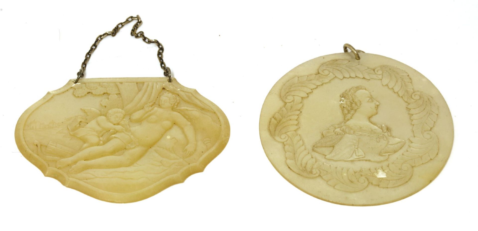 A carved mother-of-pearl plaque,early 19th century, Neapolitan, depicting Cupid and Venus, on a - Image 2 of 2
