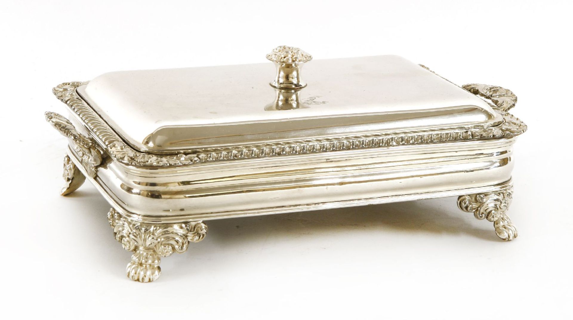 A William IV rectangular old Sheffield plate toasted cheese dish,with shell handles,30cm