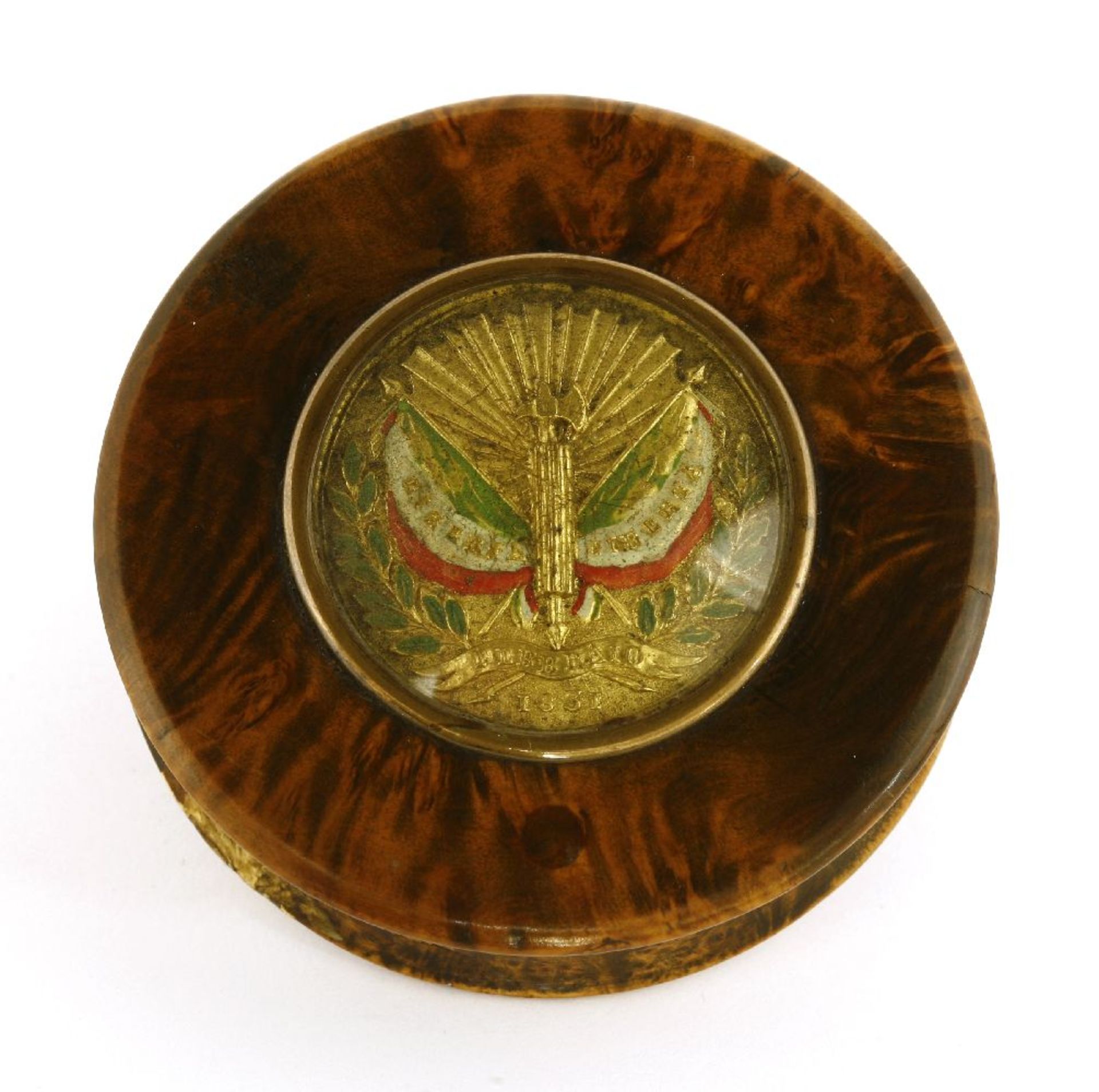 A rare stained mulberry and tortoiseshell snuff box,the top inset with a glazed gilt metal and