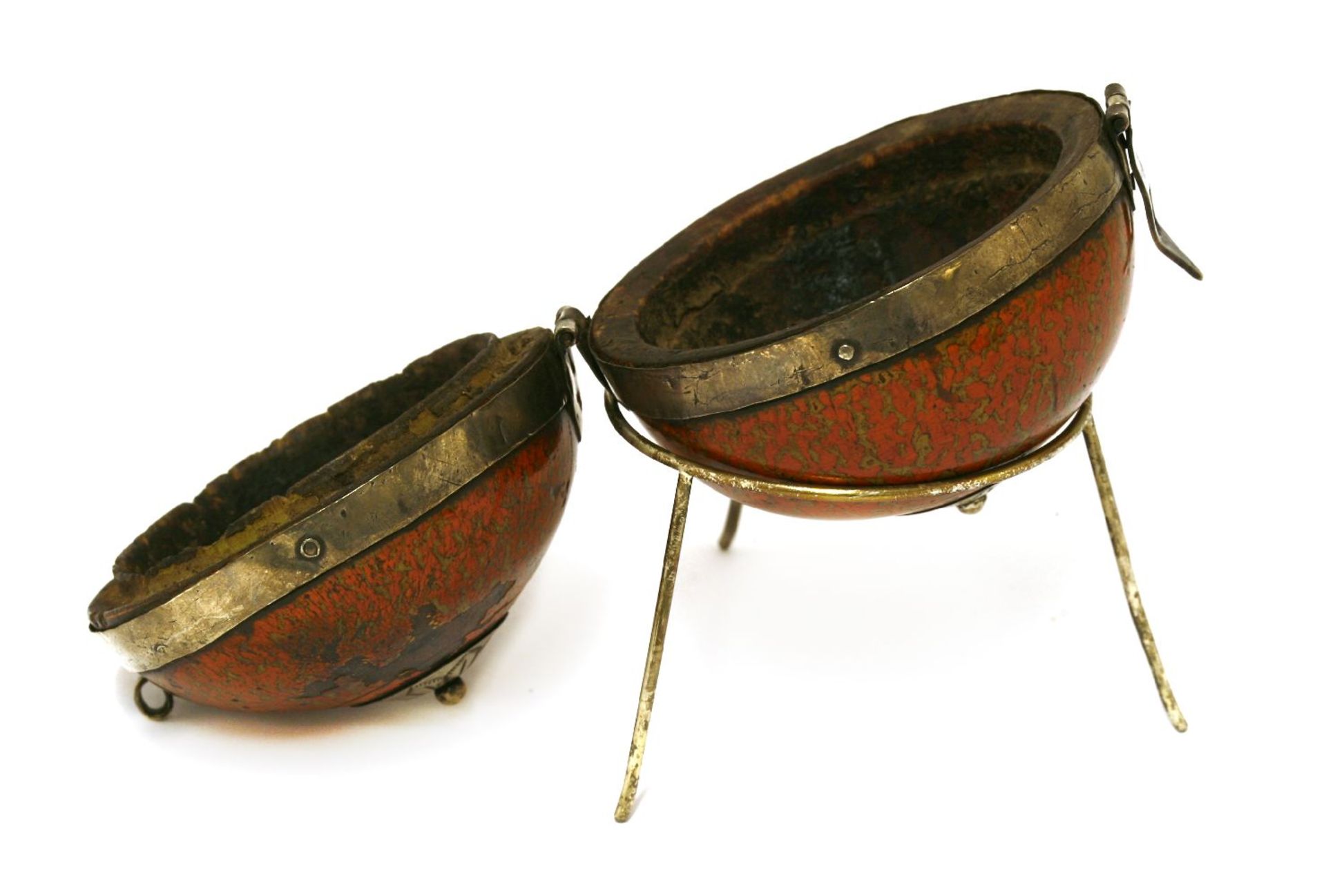 An Indian spherical lacquer and silver-mounted betel box,18th century, on a later white metal tripod - Image 2 of 2