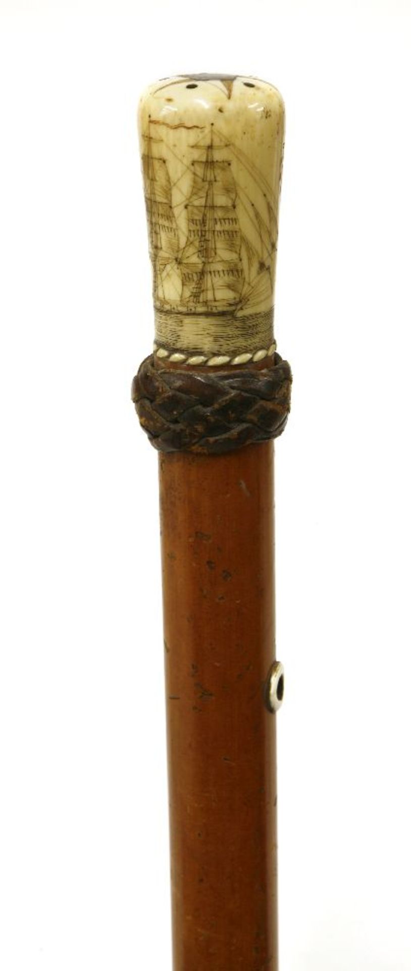 A marine ivory and malacca walking stick,the scrimshawed knob engraved with a three-masted sailing - Image 2 of 4