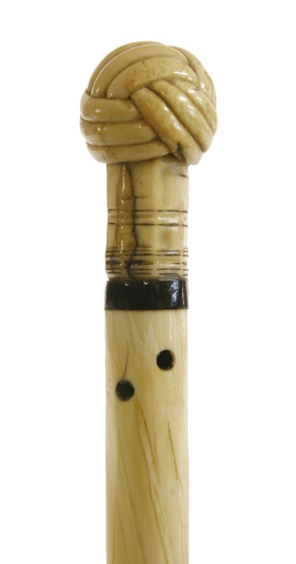 A marine ivory, whalebone and narwhal walking stick,with an undercut Turk's head knot handle, over