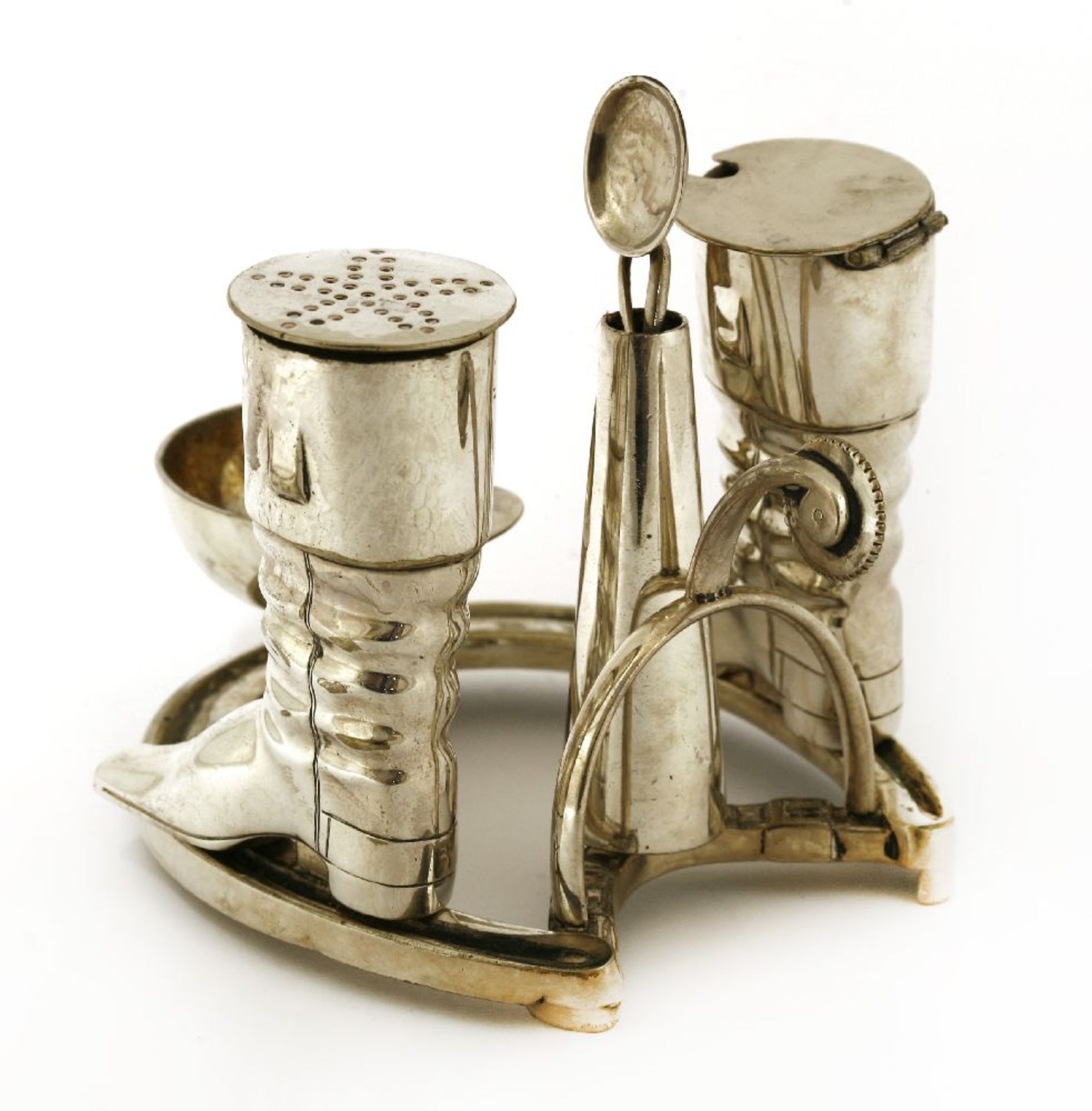 A Victorian electroplated novelty condiment set,in the form of an horseshoe, spur, a pair of boots - Image 2 of 2