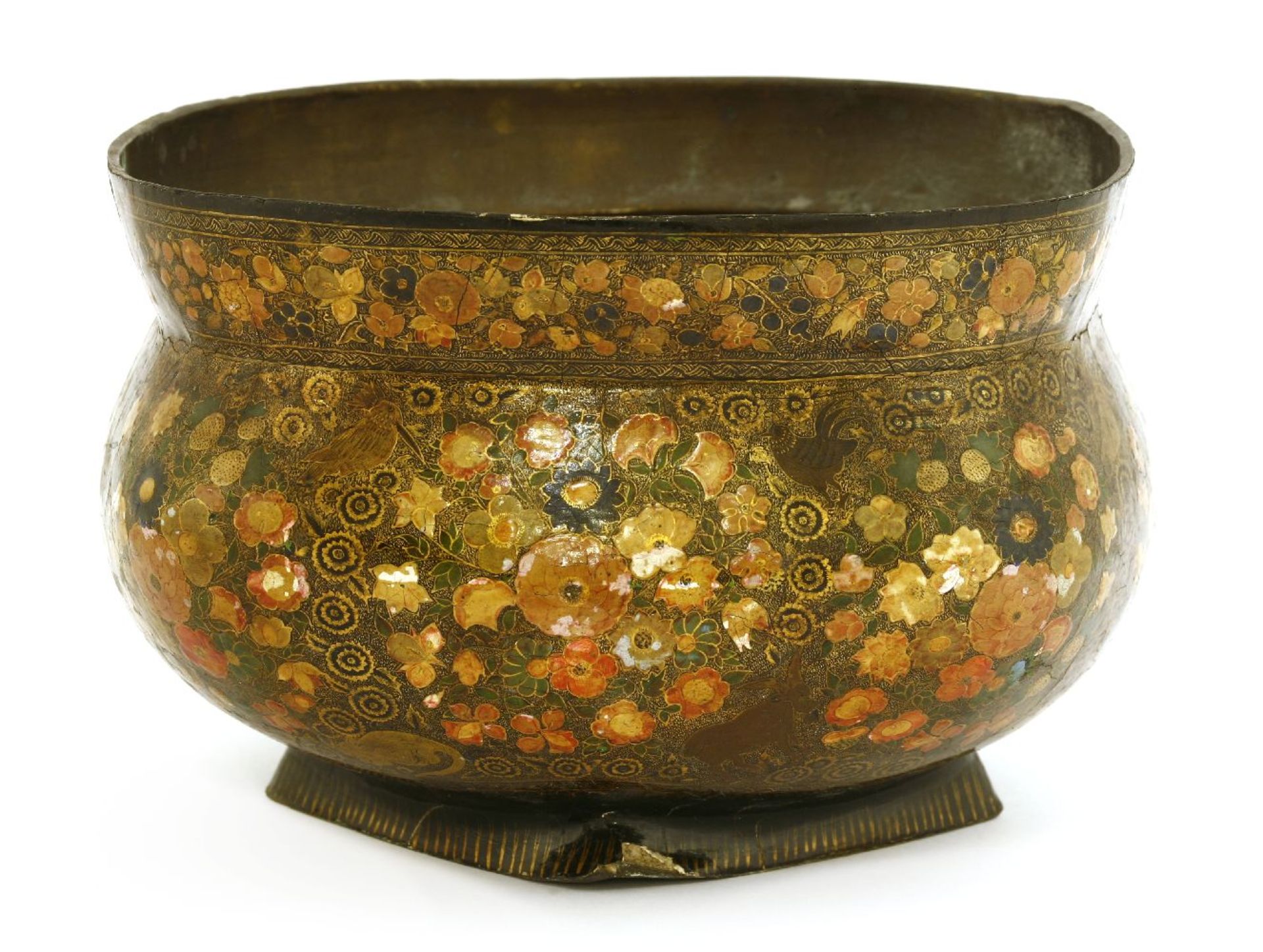 An unusual Kashmir lacquered brass jardinière,c,1880, densely painted with flowers and foliage,