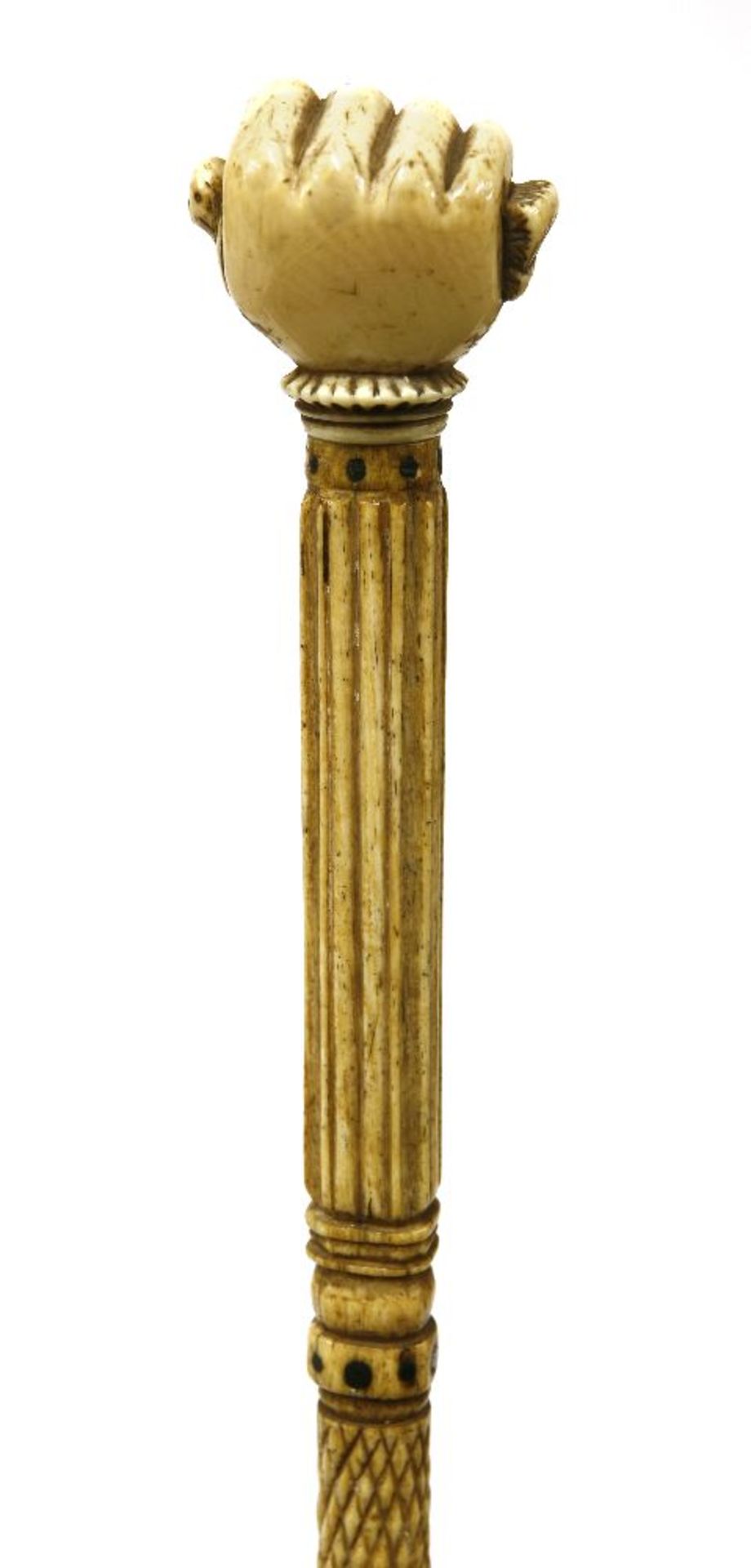 A marine ivory and whalebone walking stick,the knob as a hand gripping a dove, over four sections of - Image 2 of 3