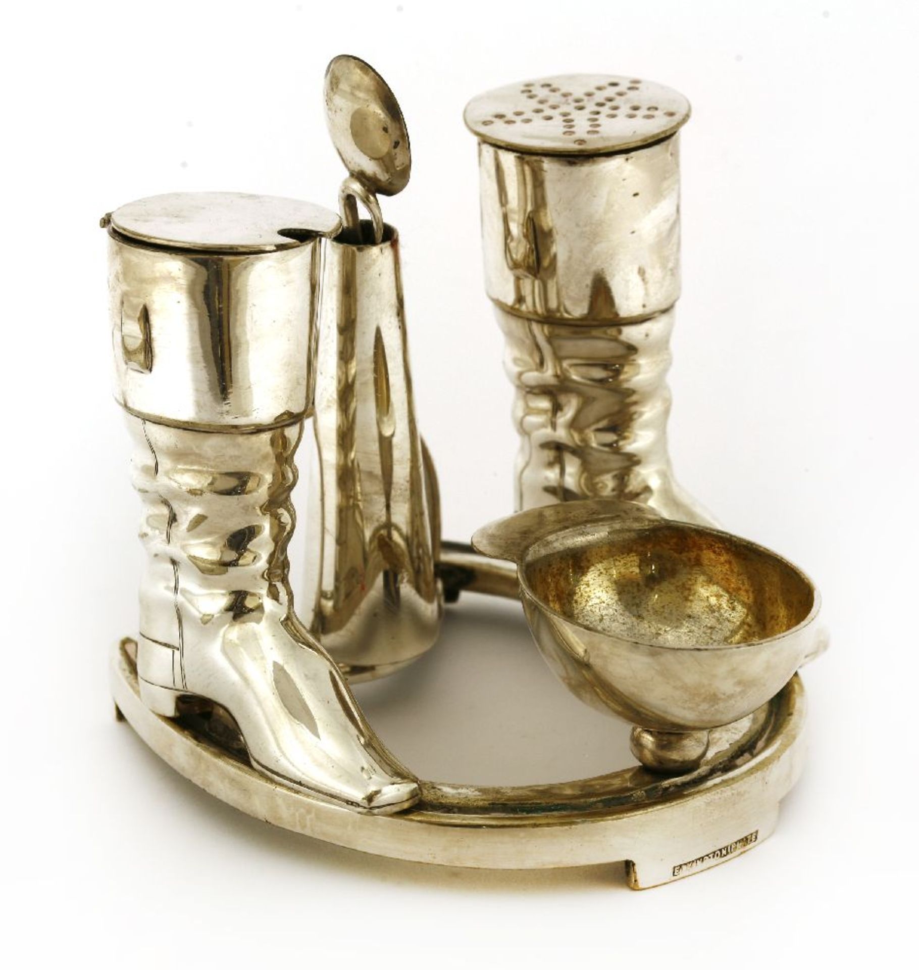 A Victorian electroplated novelty condiment set,in the form of an horseshoe, spur, a pair of boots