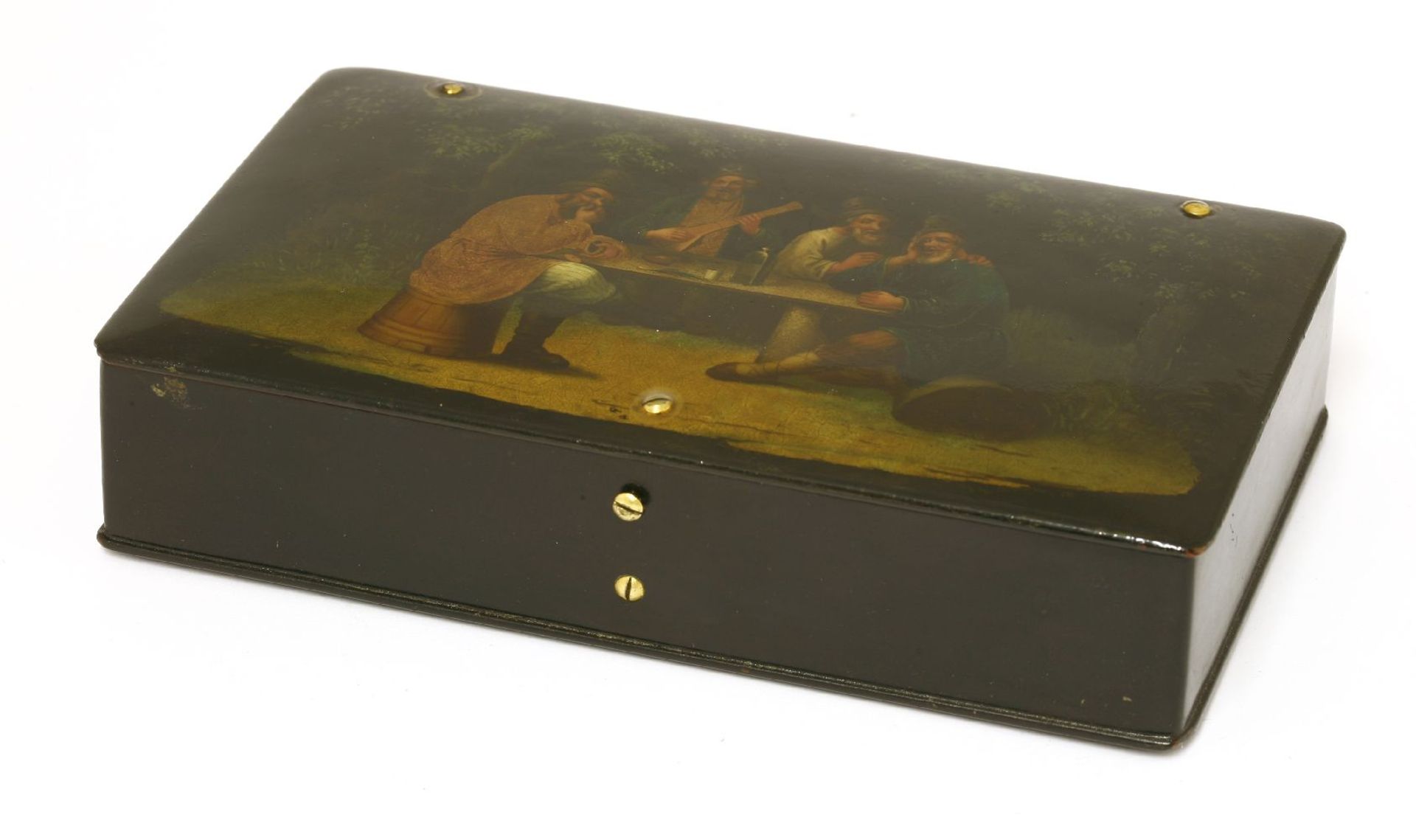 A Russian papier-mâché and lacquer tea box,c.1870, by Lukutin, rectangular, the top painted with