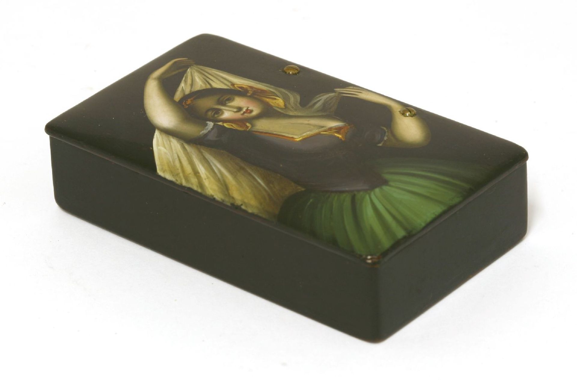 A Russian lacquered papier-mâché snuff box, c.1870, probably Fedoskino, rectangular, finely