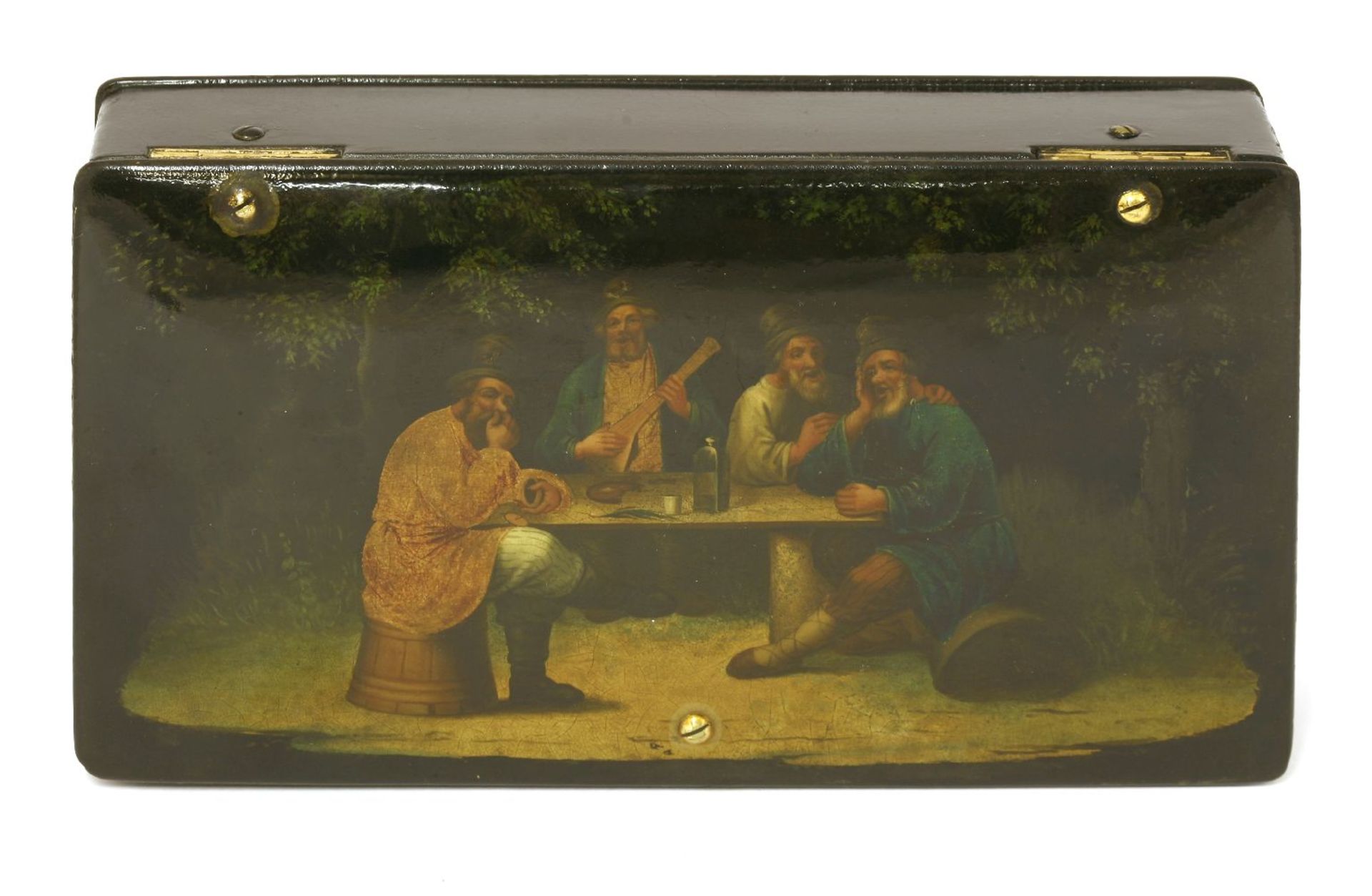A Russian papier-mâché and lacquer tea box,c.1870, by Lukutin, rectangular, the top painted with - Image 2 of 2