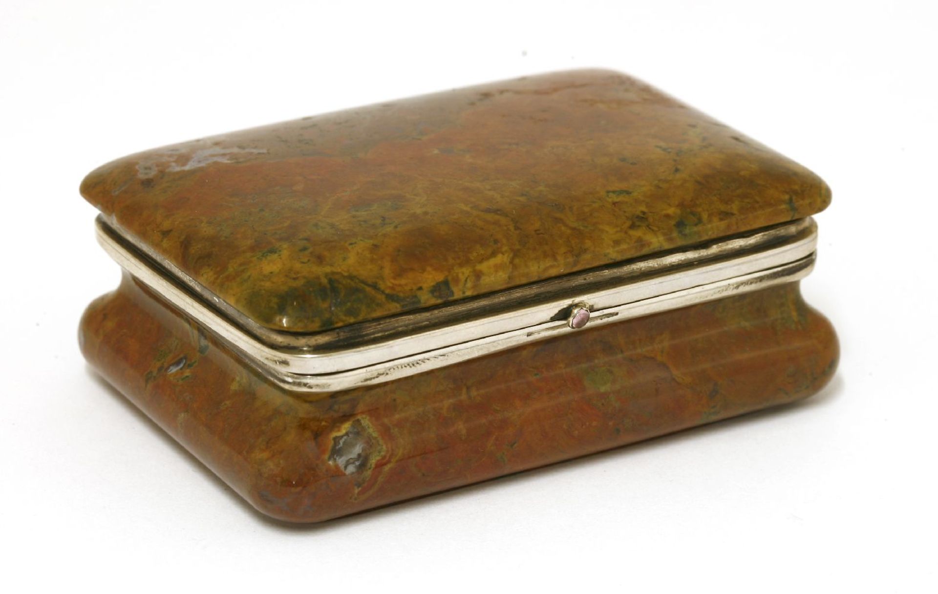 A polished hardstone silver-mounted table snuff box,maker's mark AK,with a pink stone button