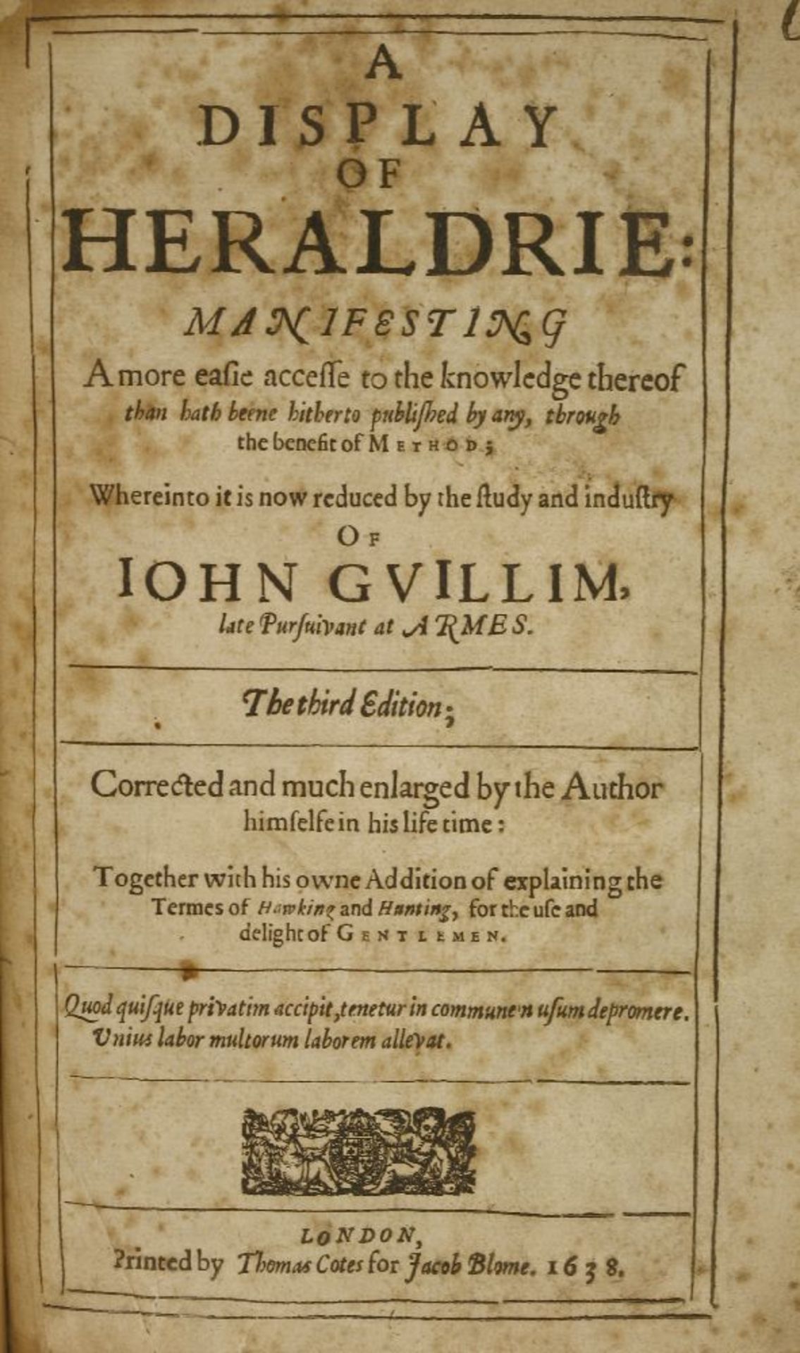 HERALDRY: GUILLIM, John: A Display of Heraldrie… Jacob Blome, 1638. With 10 full page engravings and - Image 2 of 2