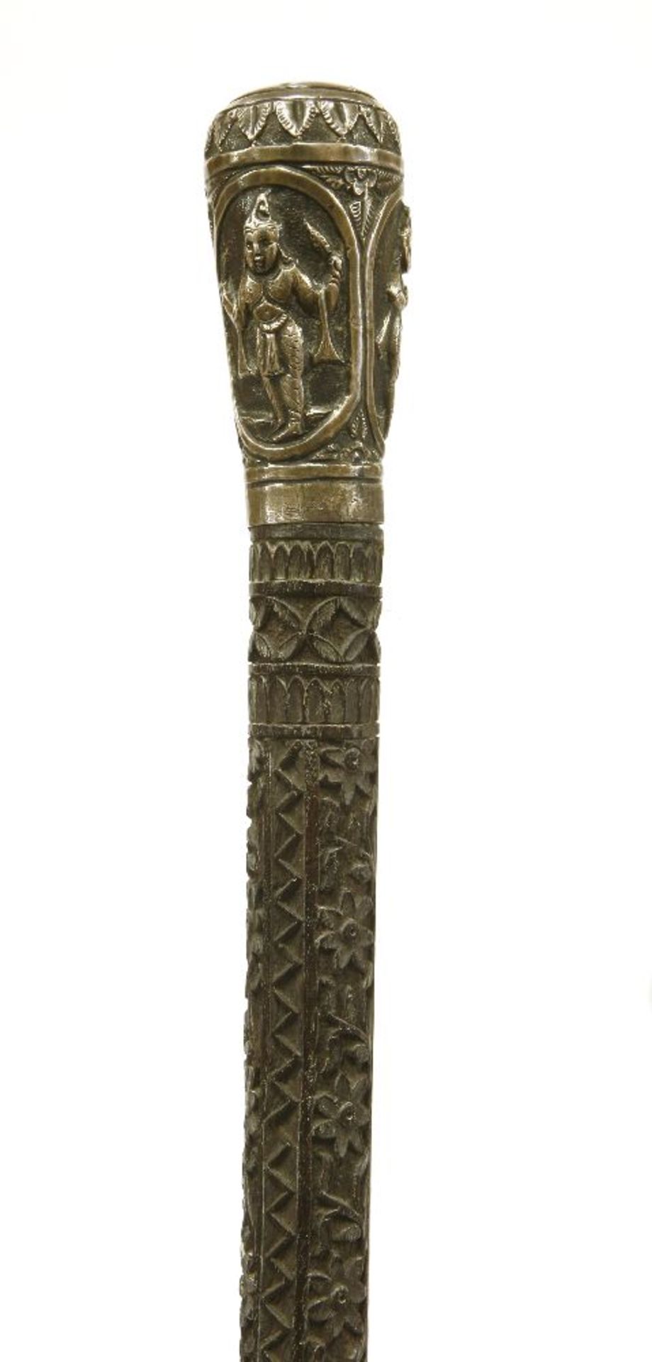 An Anglo-Burmese hardwood walking stick with silver knop,c.1870, raised with three attendants, the - Image 2 of 3