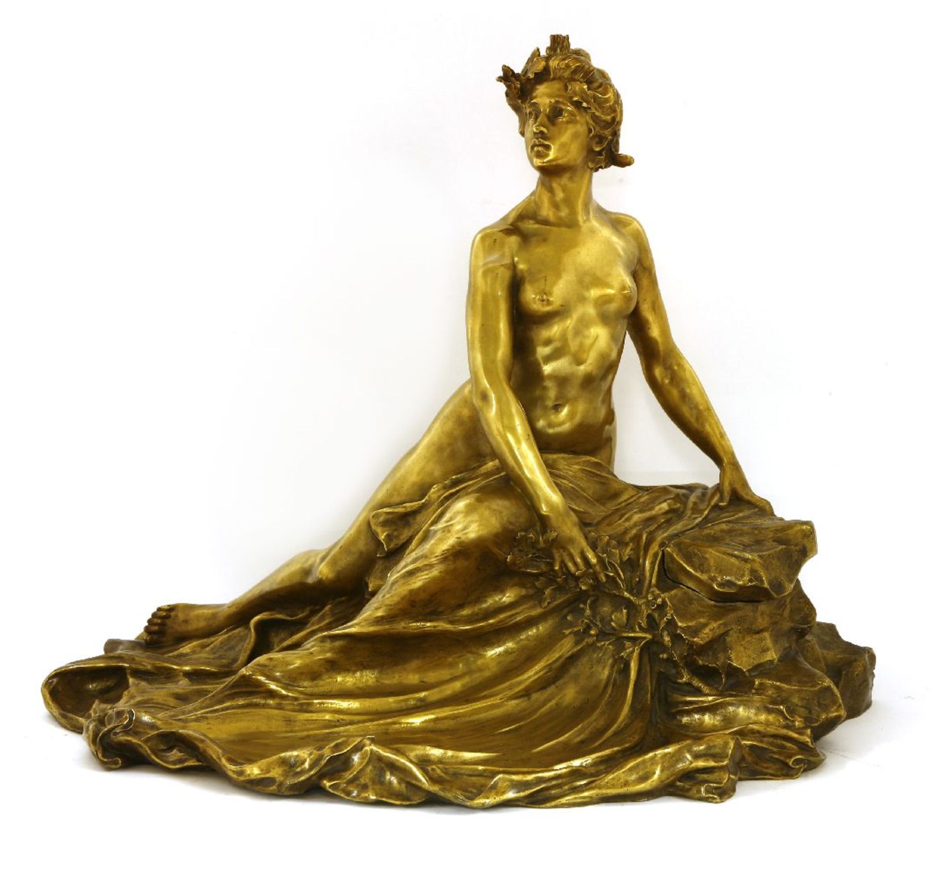 Raoul Larche (1860-1912),a gilt bronze sculptured inkwell, modelled as a young woman seated on a