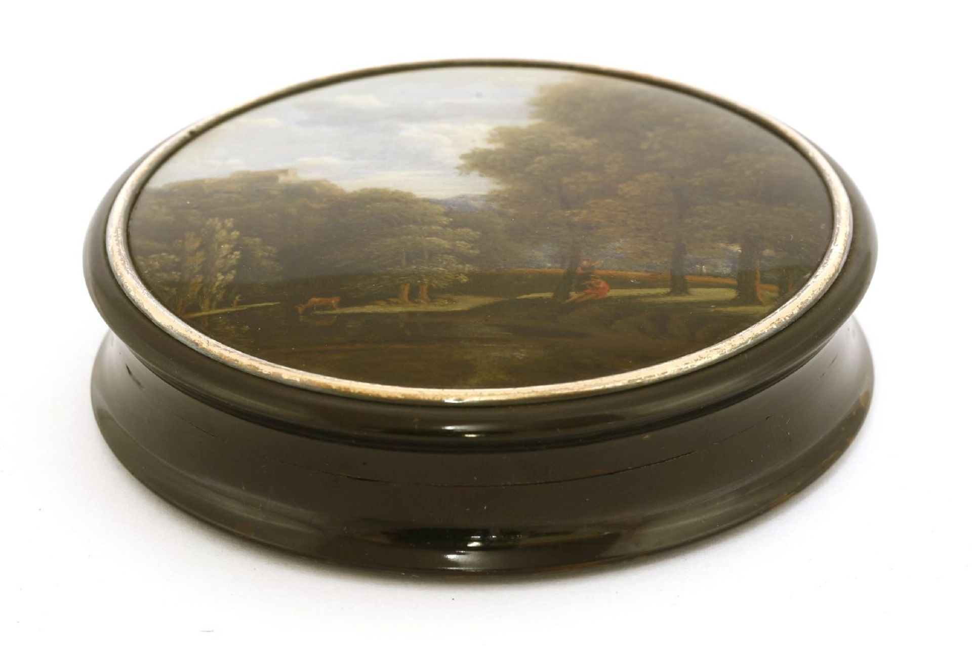 A tortoiseshell and yellow metal-mounted cylindrical table snuff box,c.1830, the cover painted - Image 2 of 2