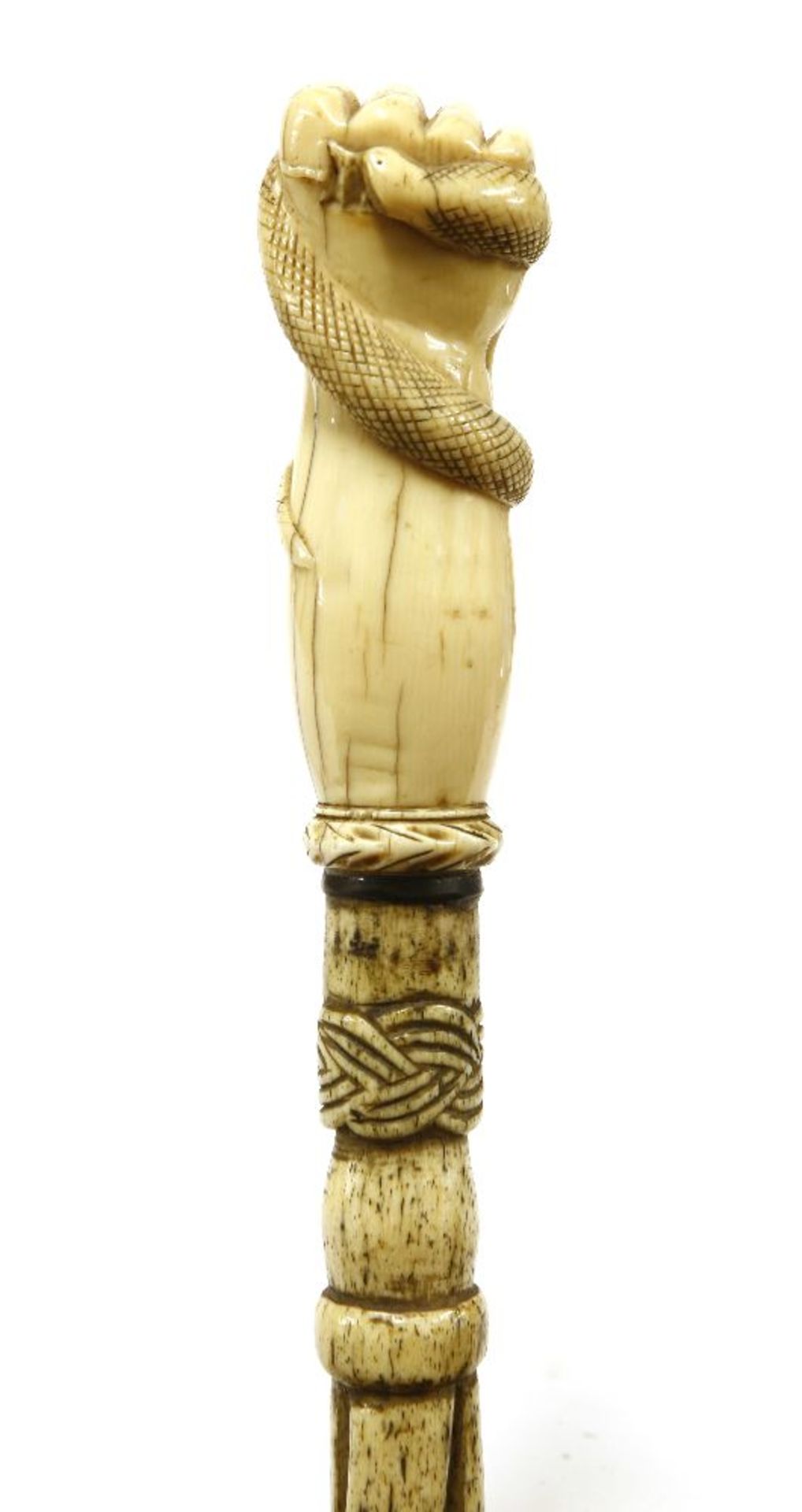 A marine ivory and whalebone walking stick,with a clenched hand gripping a serpent above a baleen - Image 2 of 3