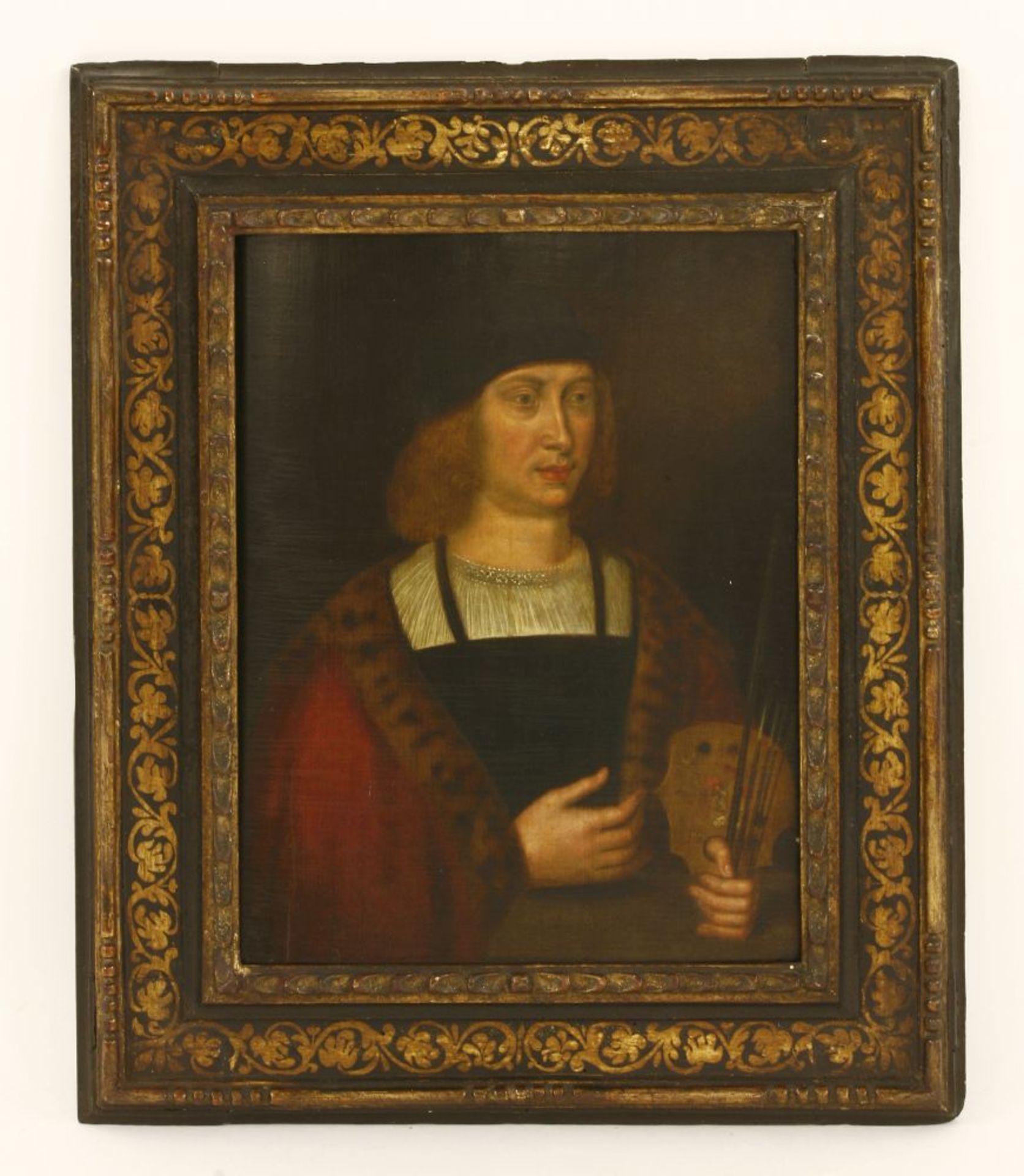Manner of Quentin Matsys PORTRAIT OF AN ARTIST, HALF LENGTH, IN A FUR-TRIMMED CLOAK AND HOLDING A - Image 2 of 3