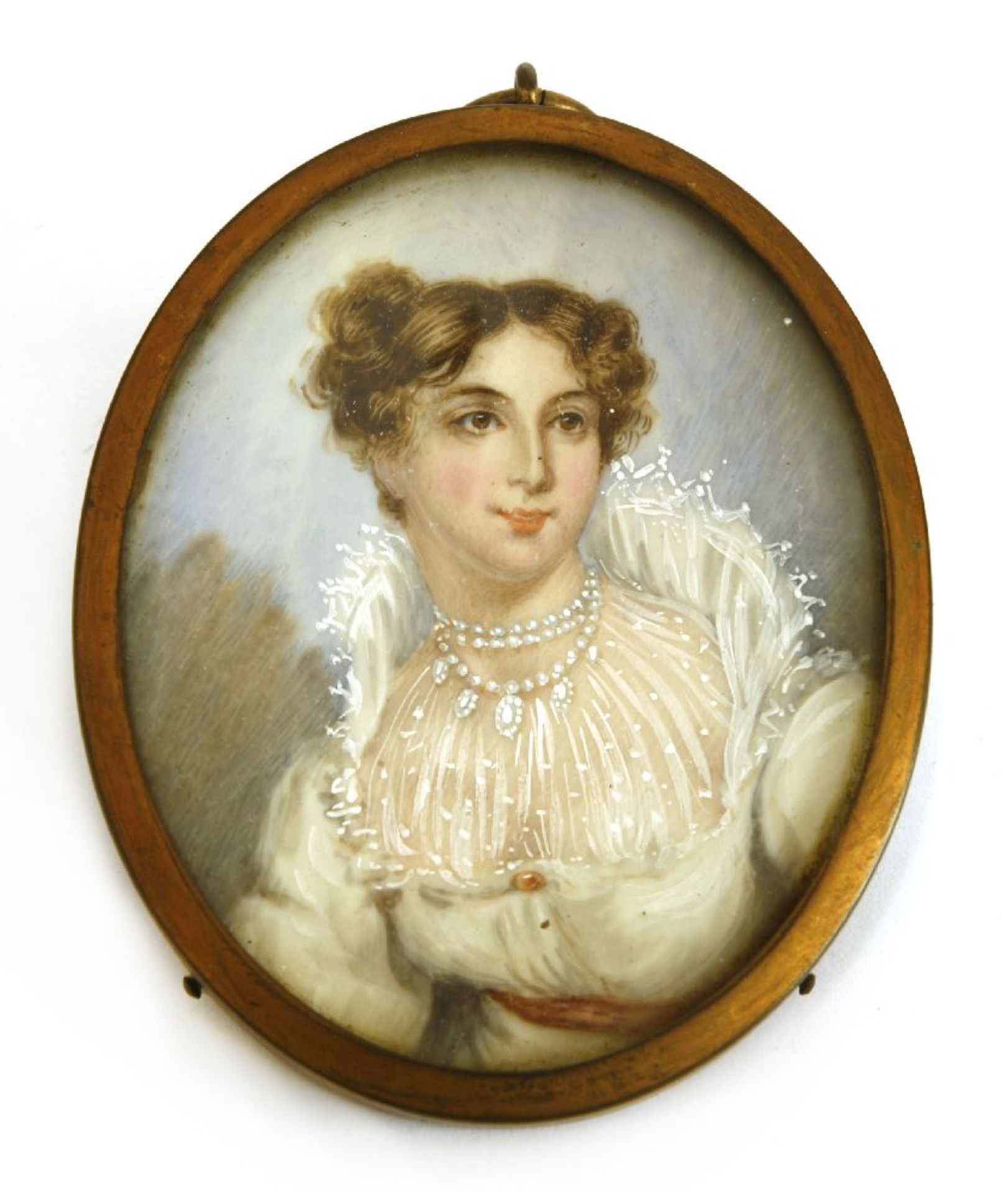 English School, mid-19th centuryPORTRAIT OF A LADY, HALF LENGTH IN A WHITE DRESS AND PEARL