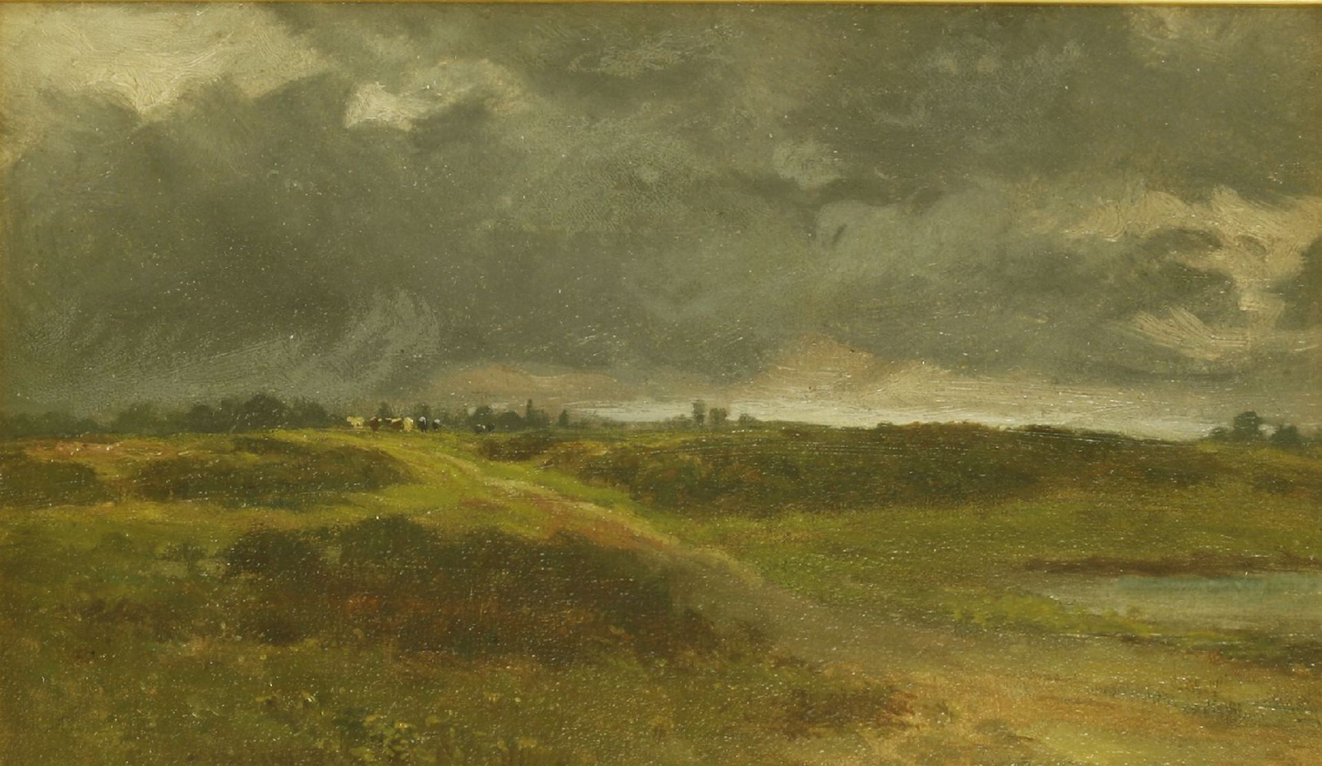 Leopold Rivers (1850-1905)GRASSLAND UNDER A GREY SKY, WITH LIVESTOCK IN THE DISTANCEOil on board16 x