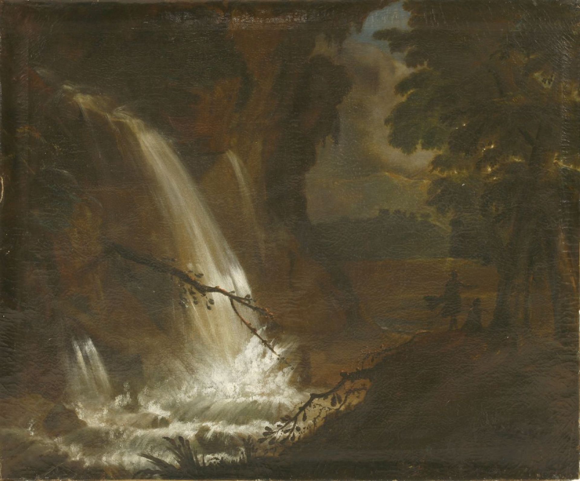 Circle of John Thomson of Duddington (1778-1840)A LANDSCAPE WITH FIGURES BY A WATERFALL AT