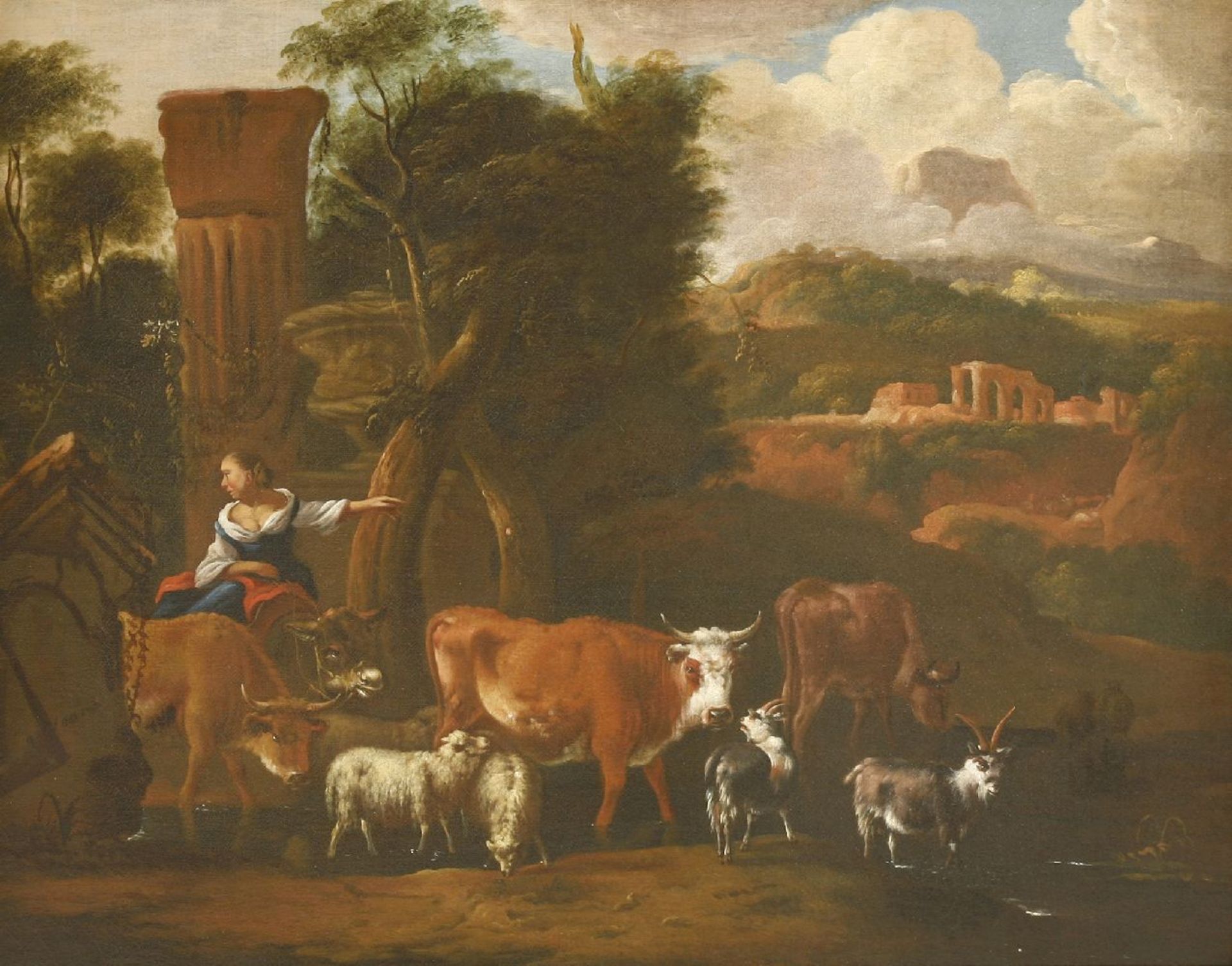 Circle of Michiel Carree (Dutch, 1666-1728)A LANDSCAPE WITH A WOMAN TENDING CATTLE, SHEEP AND