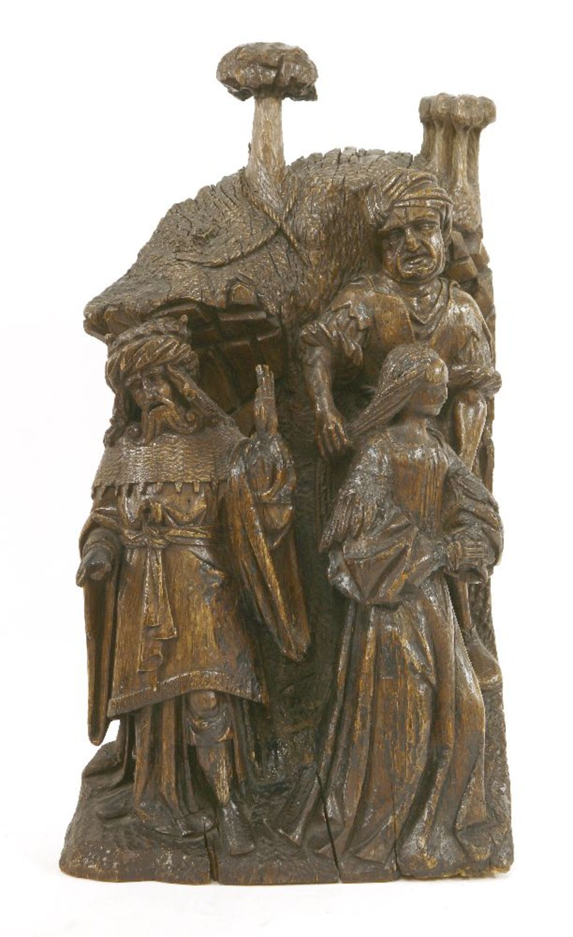 A carved oak group,16th century, probably Antwerp, depicting a lady with her hands bound, a man