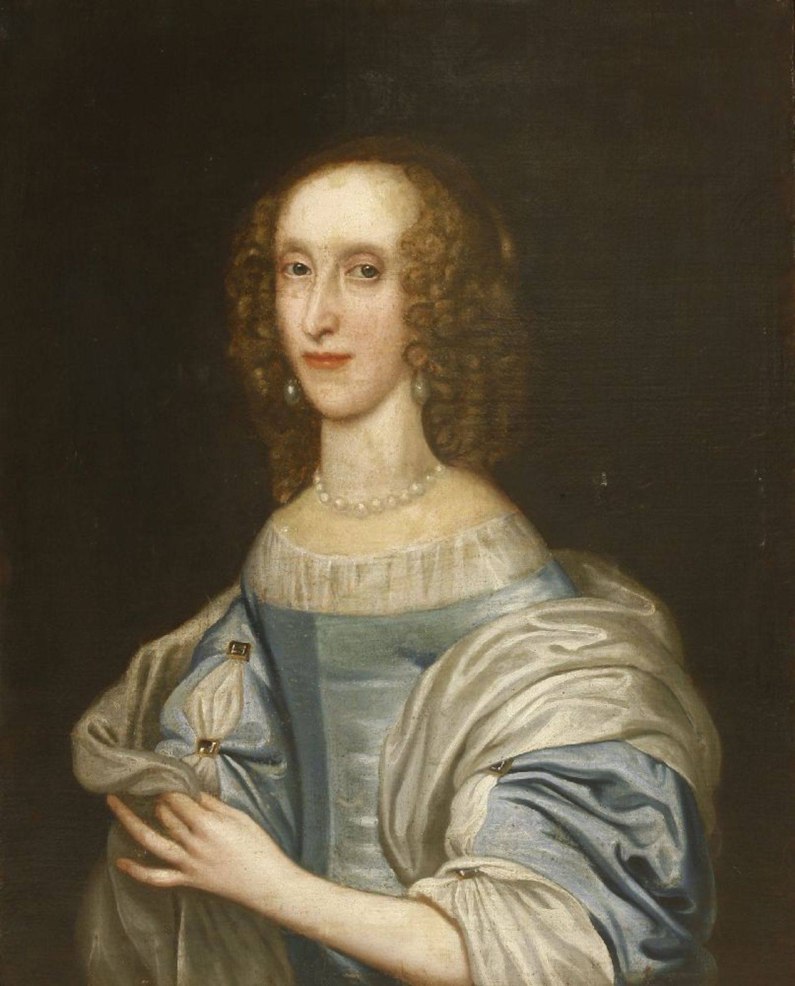 English School, late 17th centuryPORTRAIT OF A LADY, HALF LENGTH, IN A BLUE AND WHITE SILK