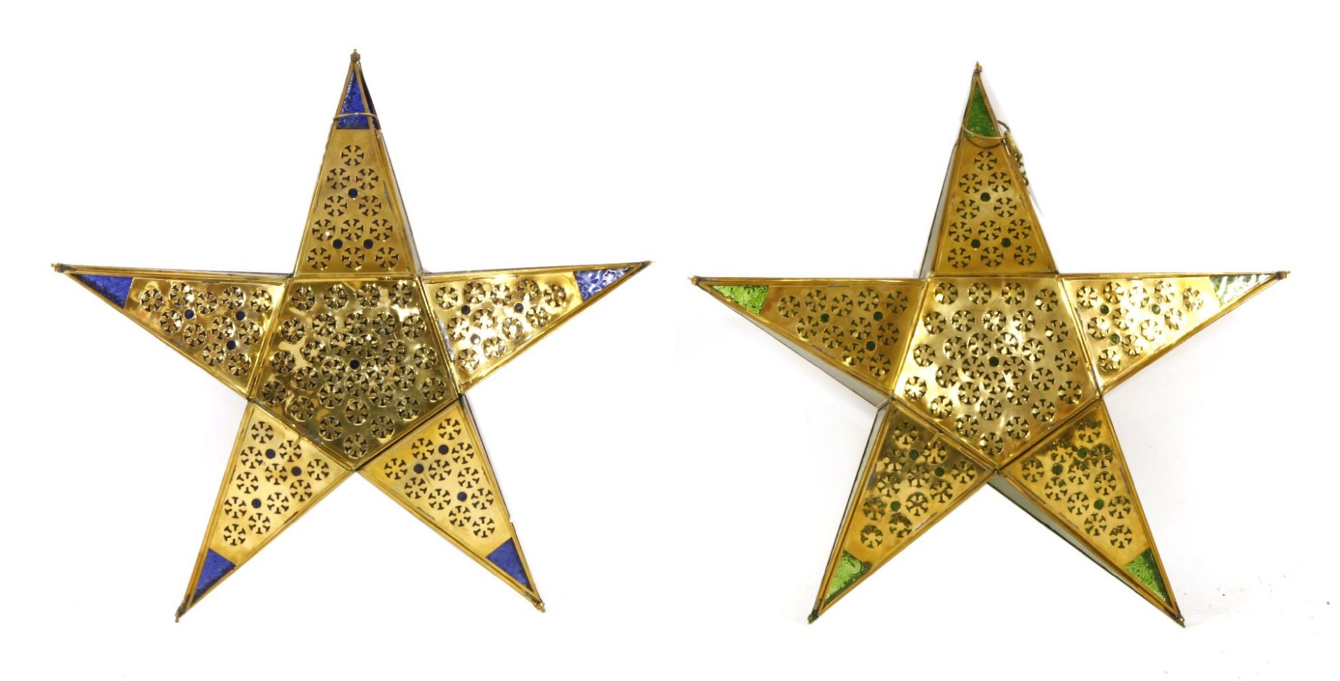 A pair of Indian brass and coloured glass star-shaped hanging lights,20th century,each 60cm high