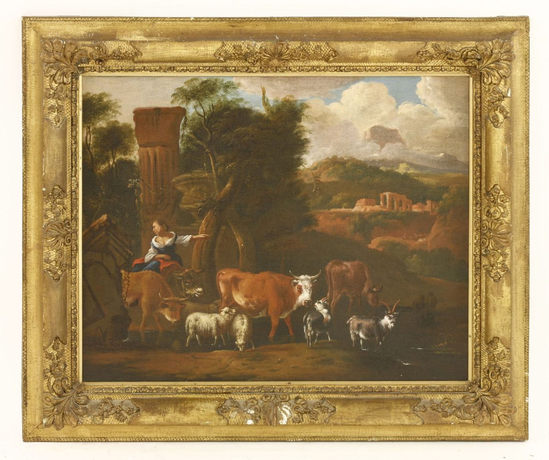 Circle of Michiel Carree (Dutch, 1666-1728)A LANDSCAPE WITH A WOMAN TENDING CATTLE, SHEEP AND - Image 2 of 3