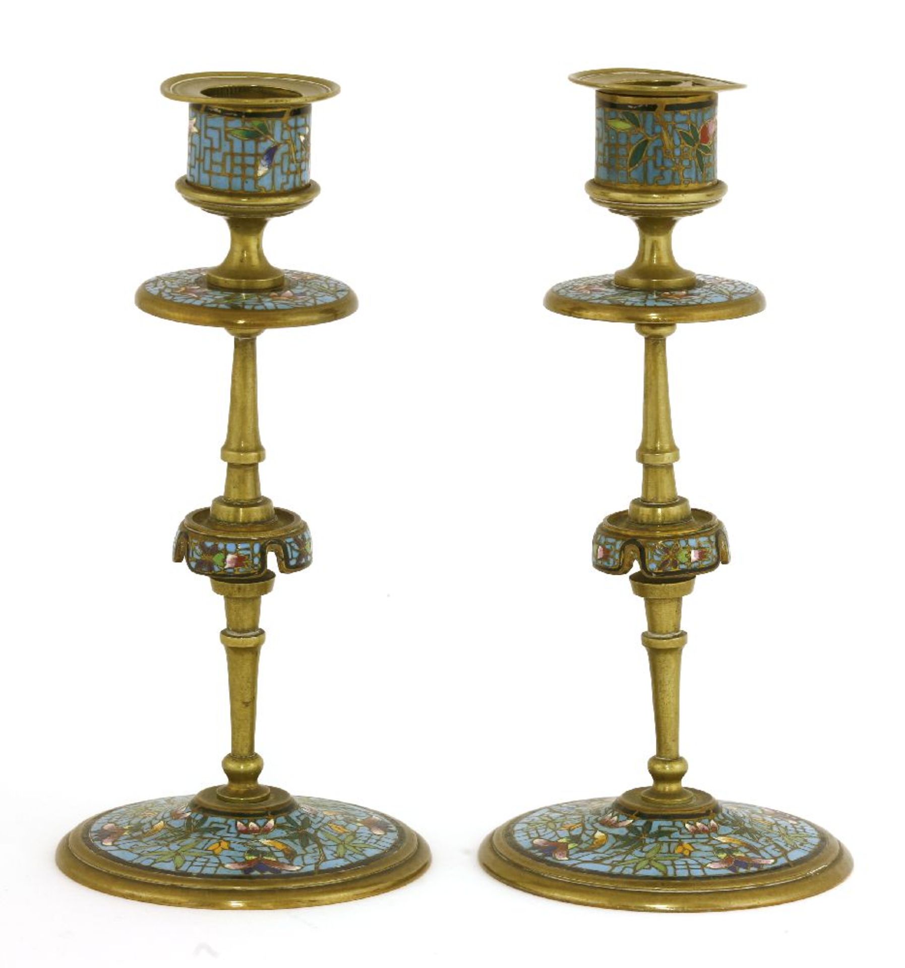 A pair of French brass candlesticks,c.1880, each with a champlevé enamel turquoise ground,18cm