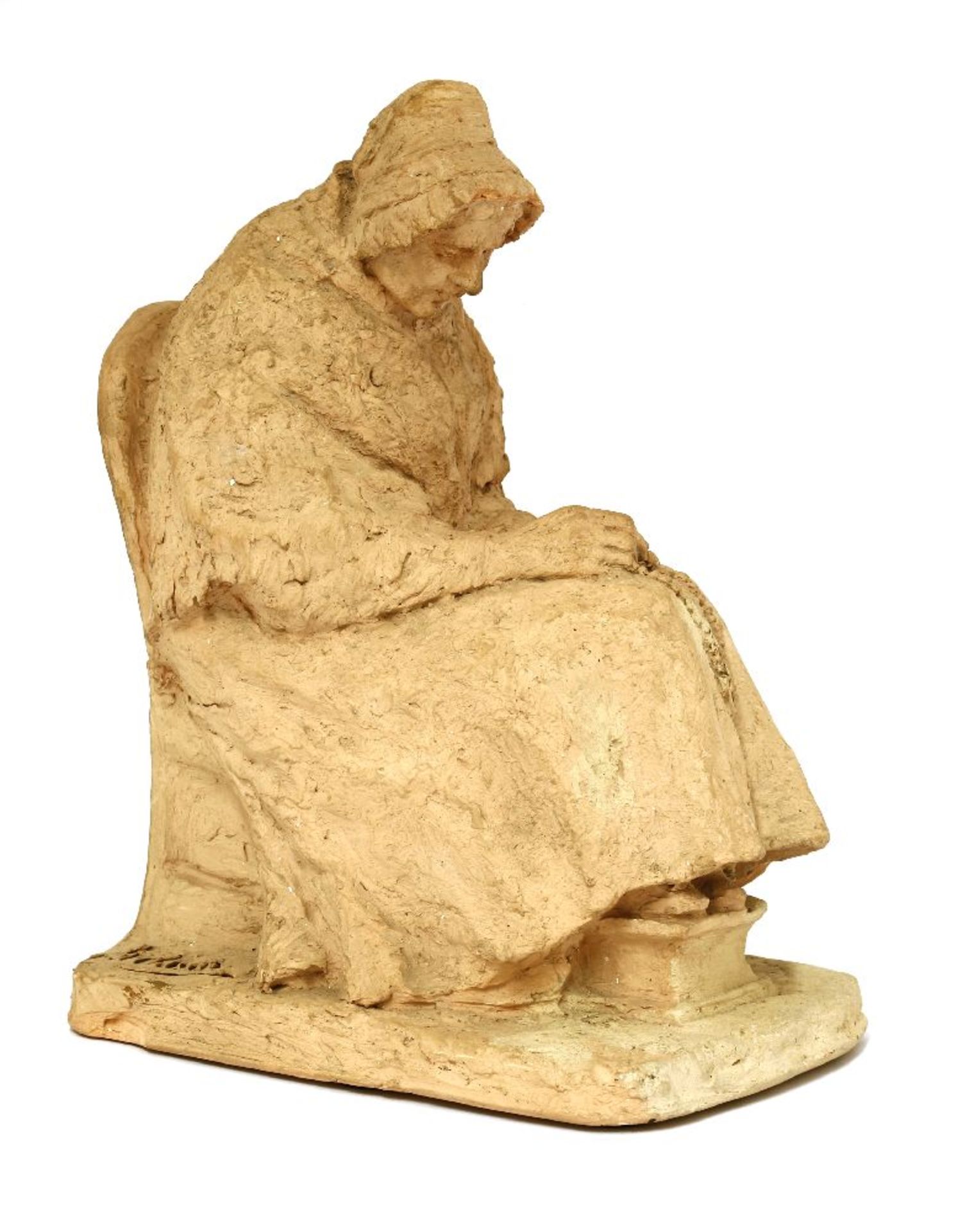 Johanna Margaretha Alida Roosenburg (b.1913),a terracotta figure of a seated woman holding a rosary,