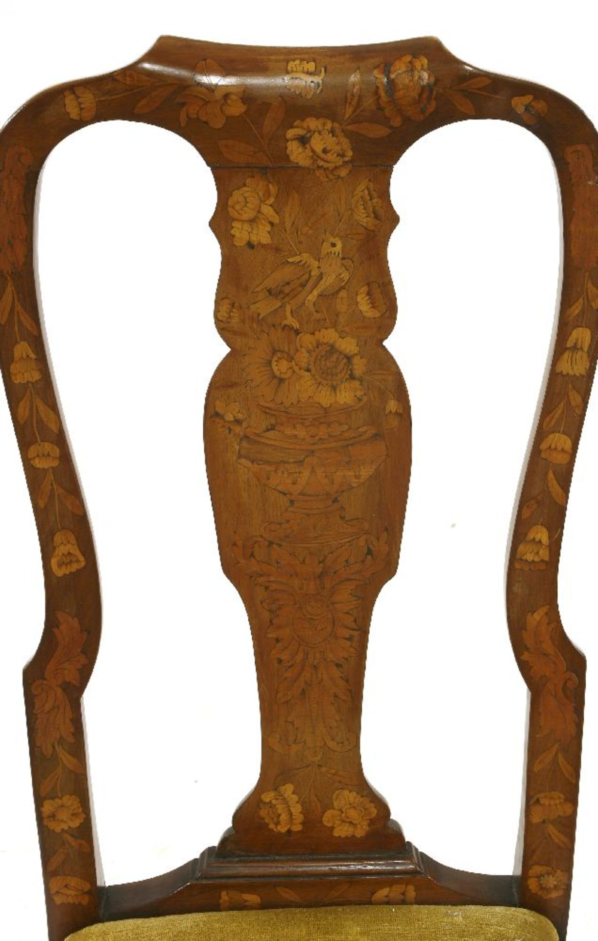 A pair of Dutch marquetry and walnut single chairs,18th century, the shaped backs with baluster - Image 2 of 2