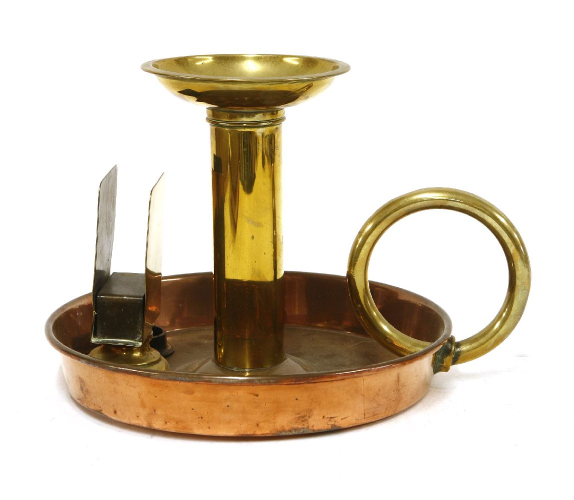 A novelty 'Giant' copper and brass chamber candlestick and match case holder,19th century,